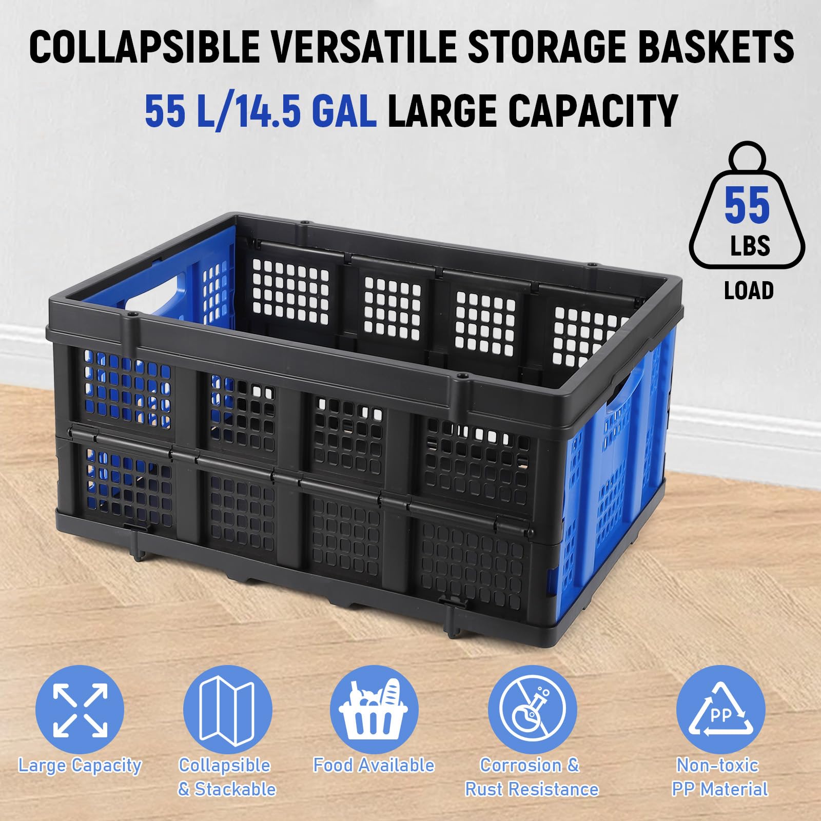 Boîte pliante professionnelle robuste Garvee avec poignées tactiles, 55 L, 40 x 56 x 26 cm, bleue - Pliable, empilable, écologique