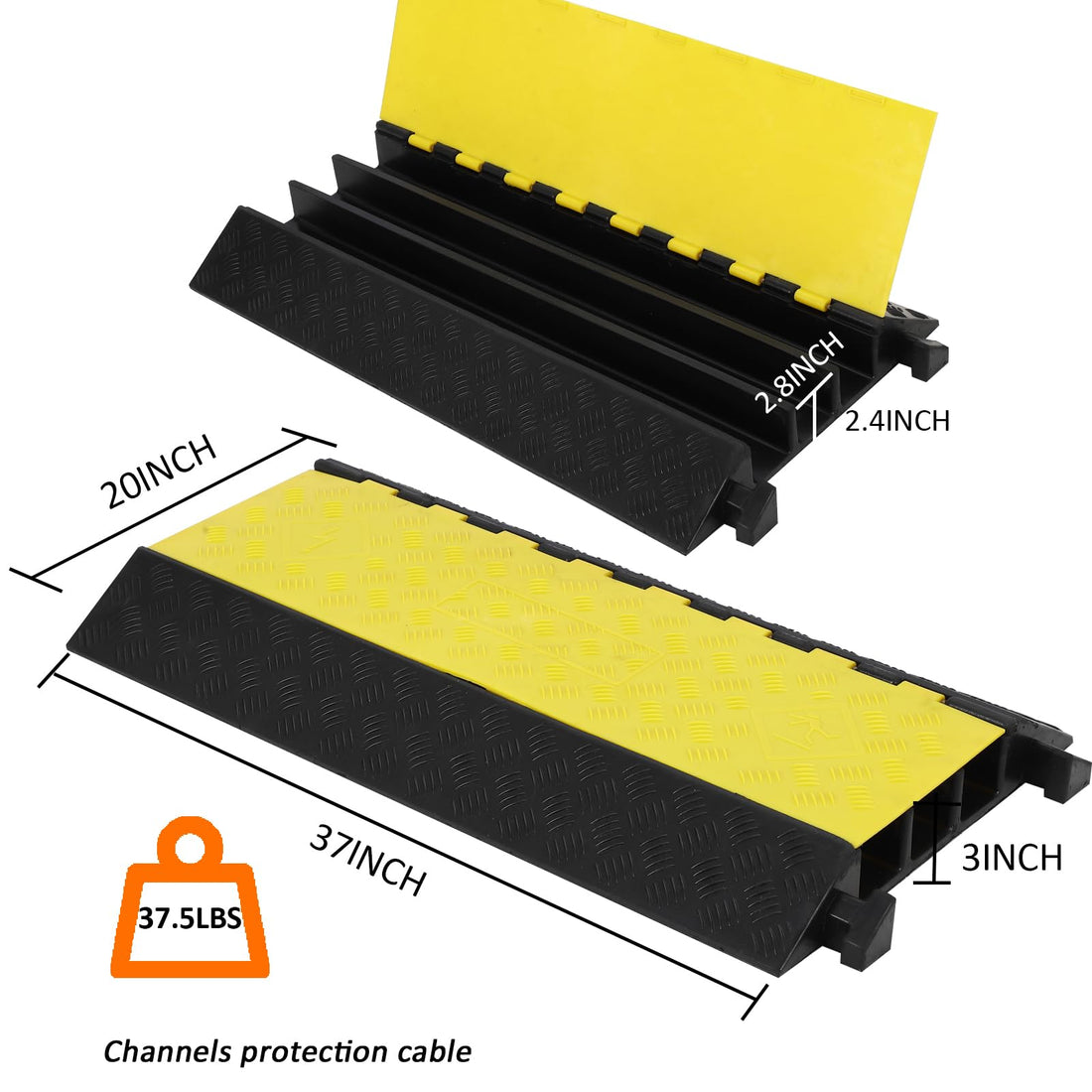 Garvee rampe de protection de câbles 3 canaux, charge 12 701 kg, jaune, antidérapante et modulaire, pour asphalte et béton