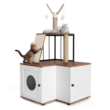 Garvee Arbre à chat 2 en 1 grand modèle avec bac à litière intégré, plusieurs niveaux, griffoir en bois et balles suspendues, pour intérieur