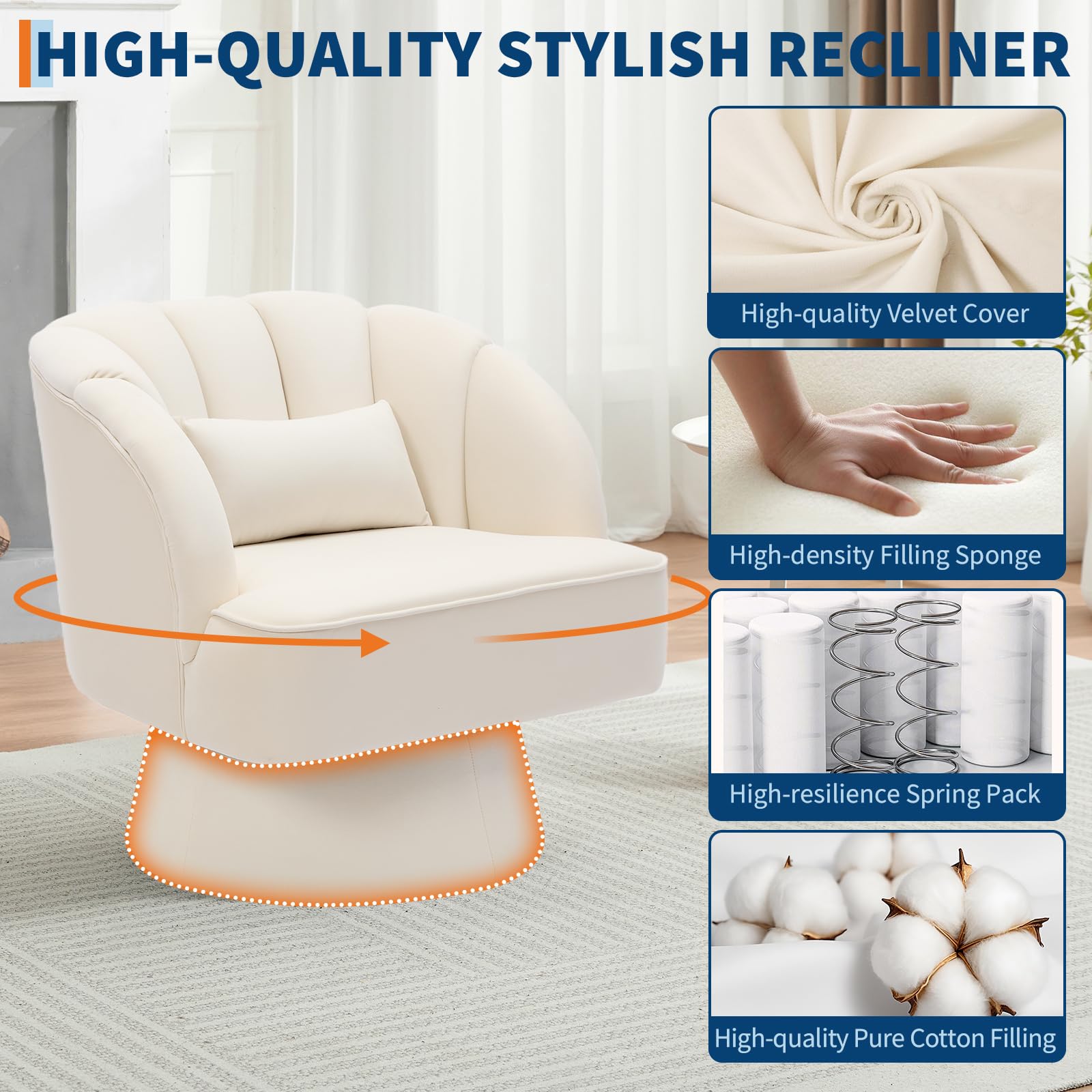 Garvee Fauteuil pivotant moderne en velours beige, rotation 360°, design confortable pour salon, chambre ou coin détente.