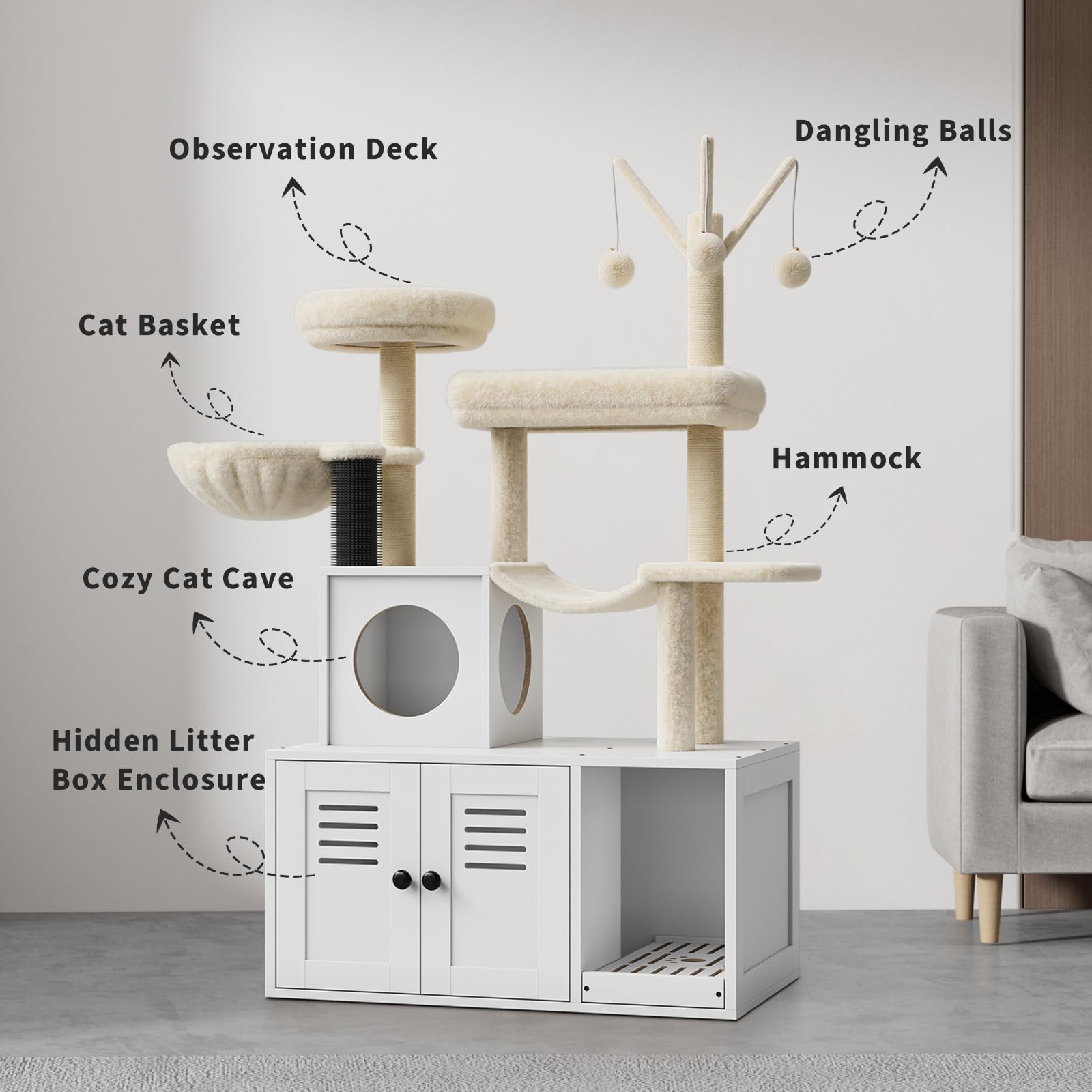 Maison pour chat Garvee avec arbre à chat et cachette pour la litière, griffoir en sisal, plusieurs niveaux, blanche, pour le salon