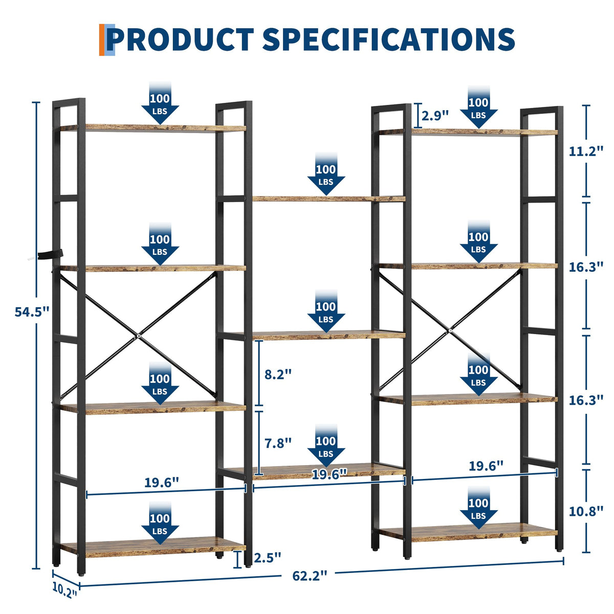 Garvee étagère industrielle à 4 niveaux avec structure en métal, grande étagère robuste pour salon et bureau, brun rustique, polyvalente