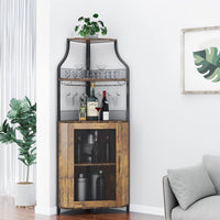 Meuble bar d'angle Garvee pour spiritueux avec étagères réglables, 155 cm, structure en métal, porte grillagée, MDF, pieds antidérapants, anti-basculement, cuisine et salon