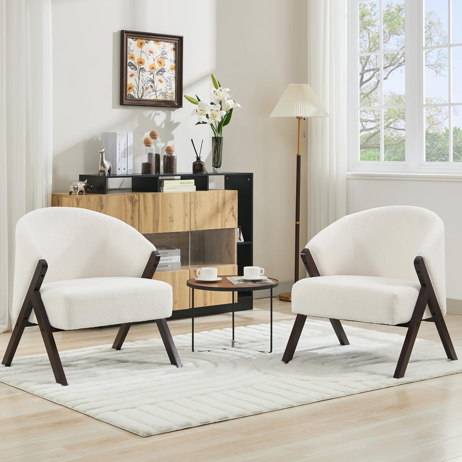 Fauteuil d'appoint Garvee style moderne du milieu du siècle, structure en bois, revêtement en lin, confortable, idéal pour le salon, la chambre ou le balcon.