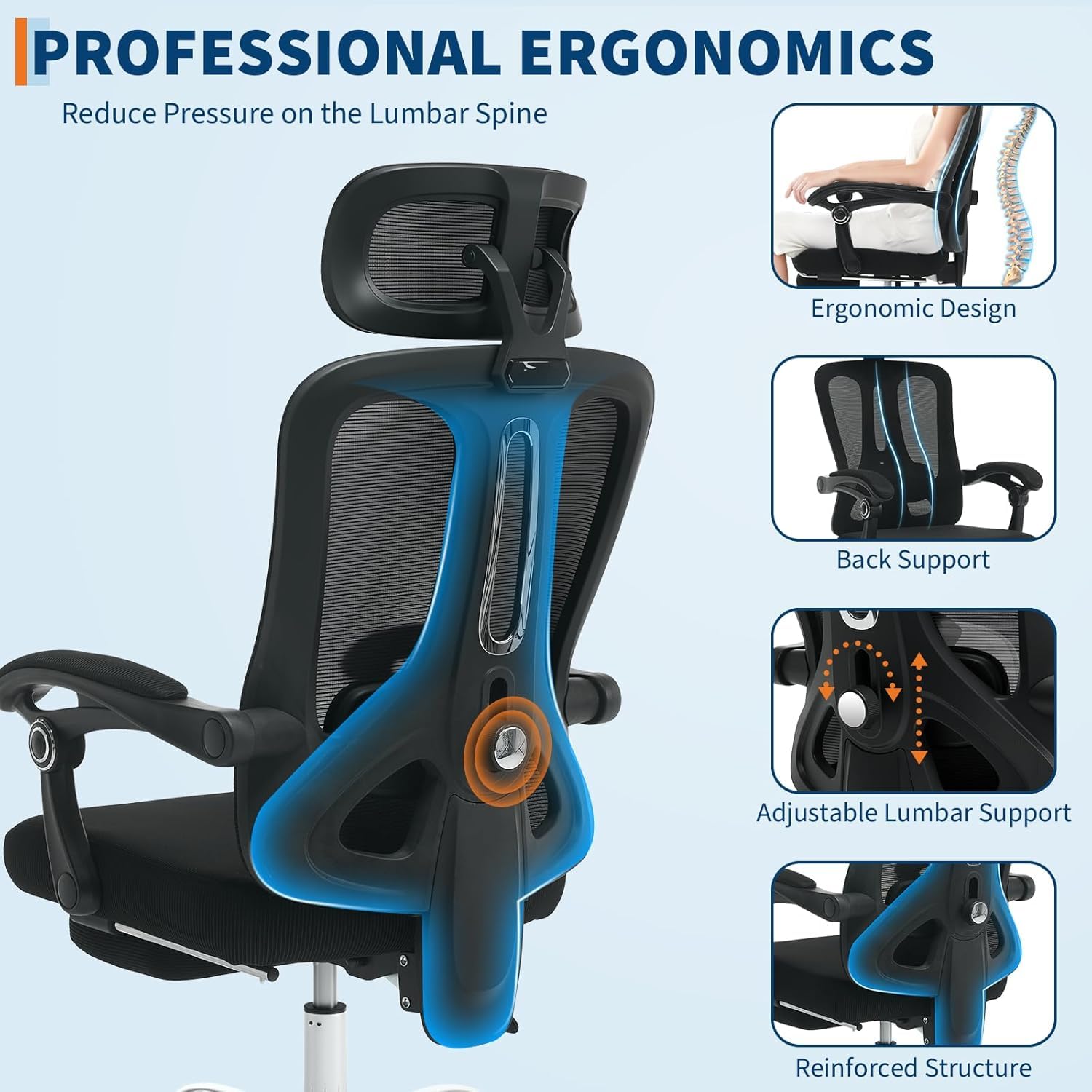 Garvee Chaise de bureau ergonomique avec appui-tête réglable, soutien lombaire et repose-pieds, tissu en maille respirante, noire