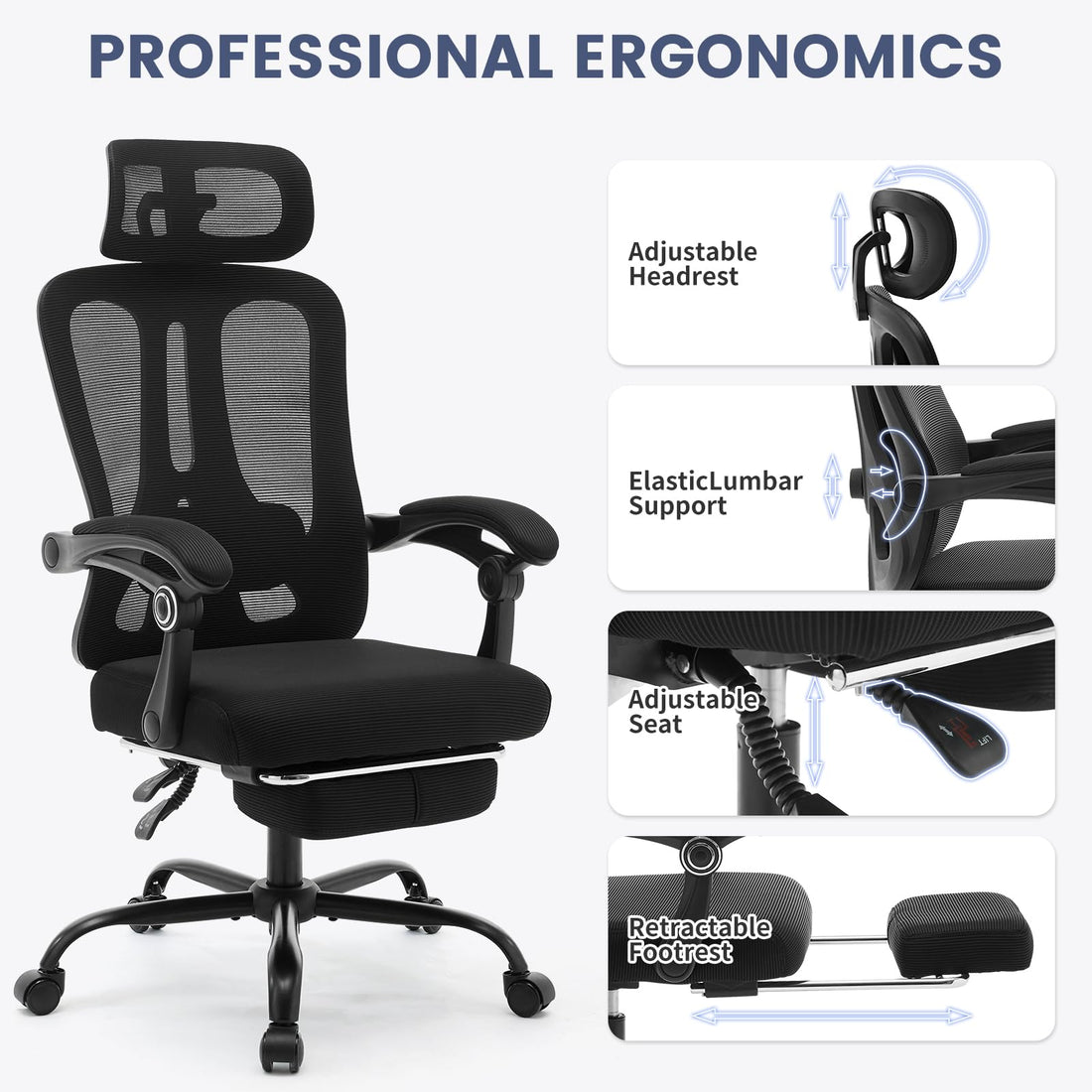 Garvee Chaise de bureau ergonomique avec soutien lombaire réglable, repose-pieds, dossier en maille respirante, inclinable, noire