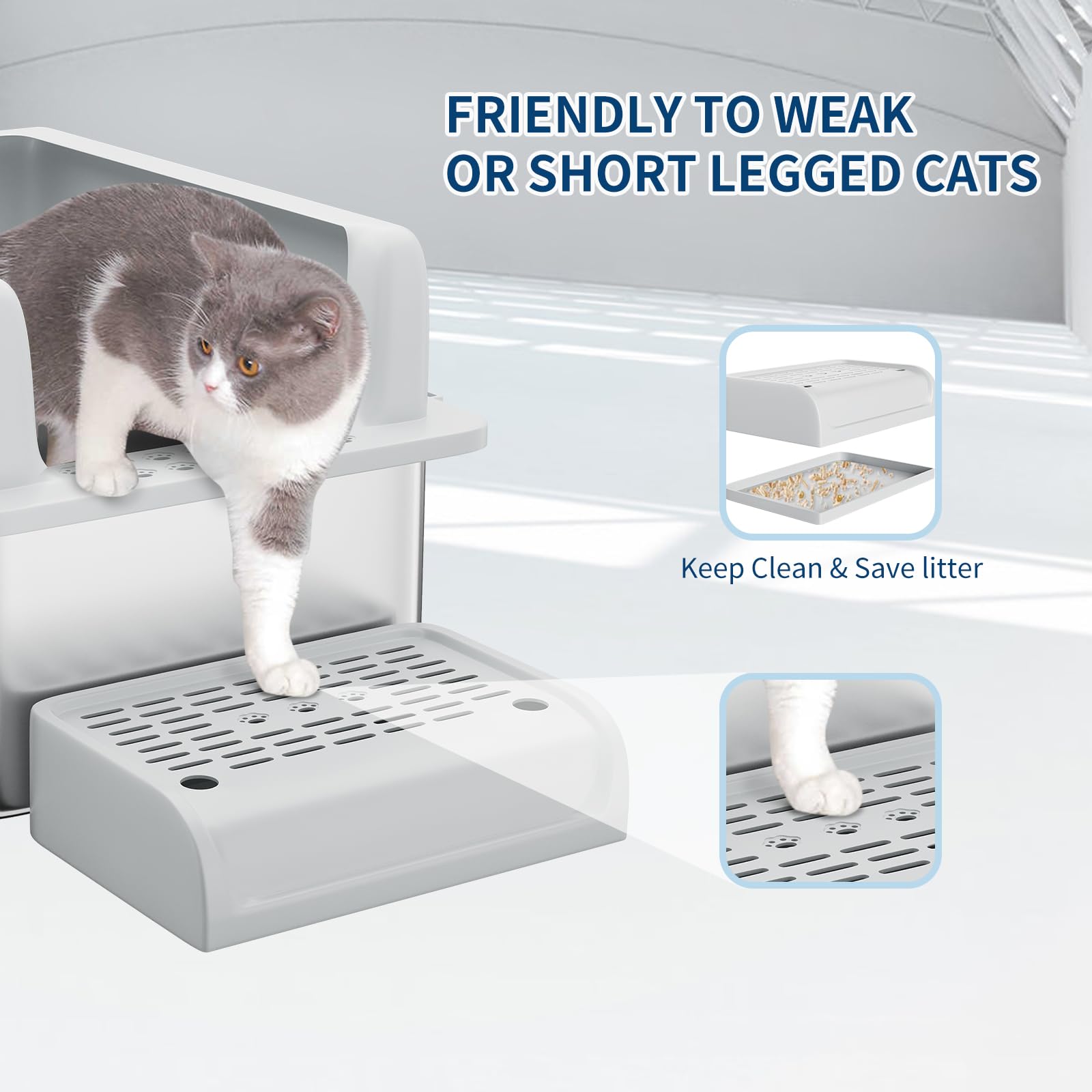 Garvee Bac à litière XL en acier inoxydable pour grands chats, caisse fermée avec couvercle, bords hauts anti-fuite, nettoyage facile, anti-odeurs, avec pelle et marchepied