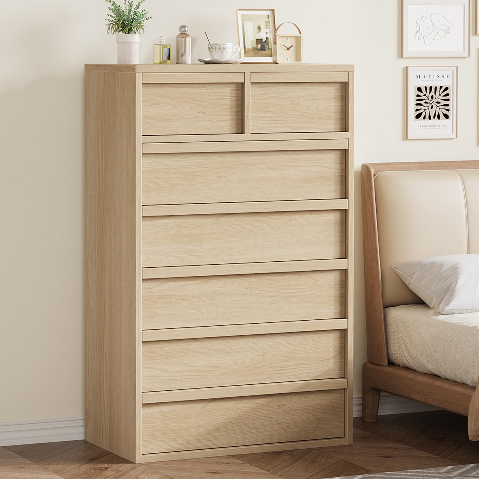 Commode Garvee à 7 tiroirs, chêne naturel, pour chambre à coucher, hauteur 117 cm, robuste, design moderne