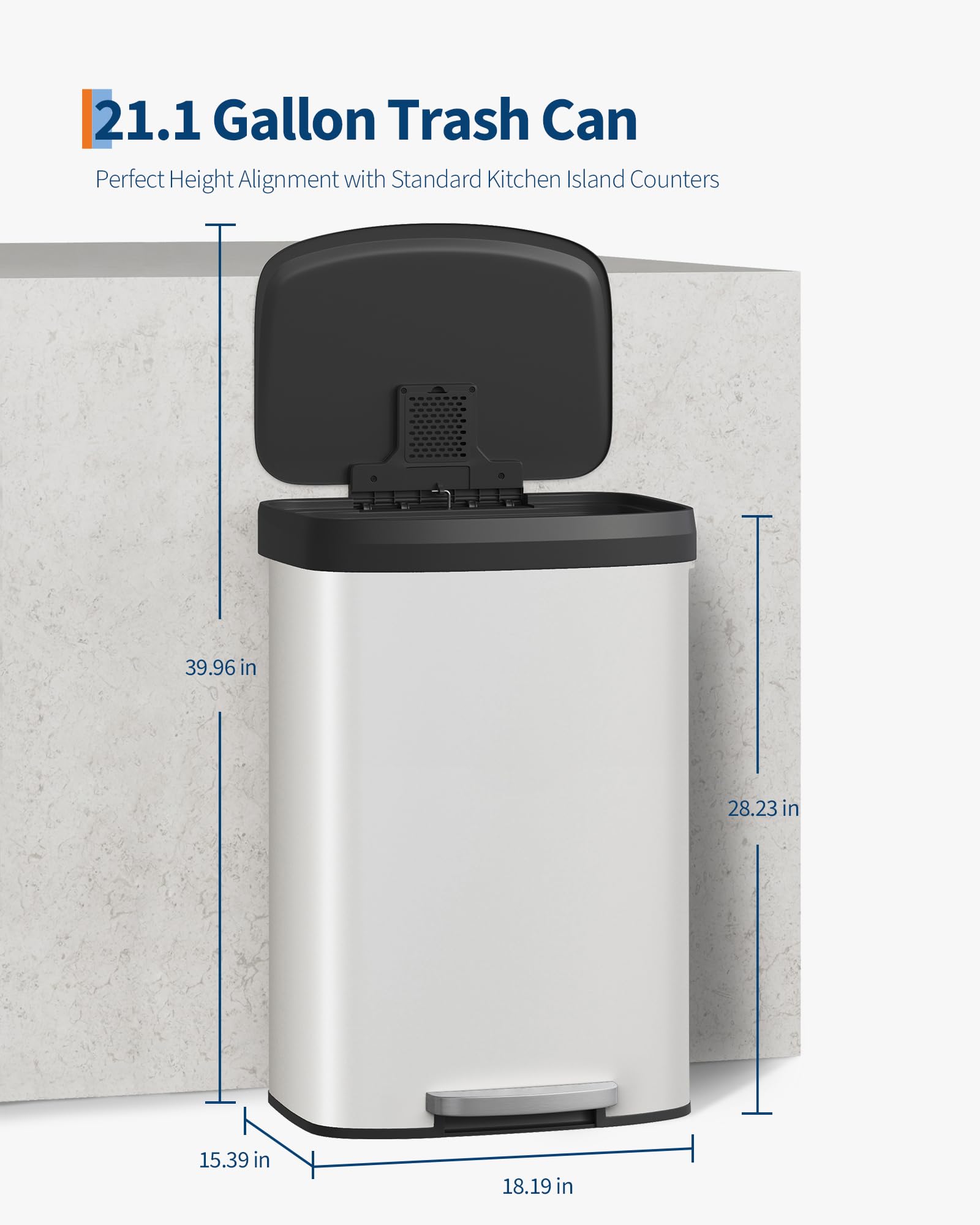 Poubelle métallique Garvee 80 L avec couvercle, antirouille, fermeture amortie, blanche, pour la cuisine et le bureau, compacte et durable