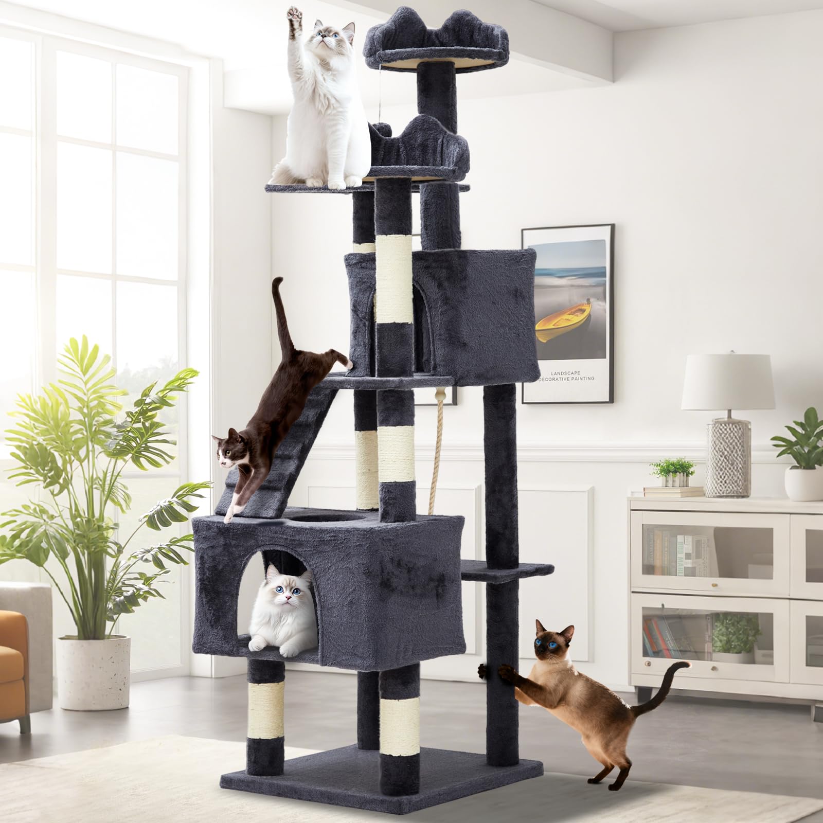 Arbre à chat Garvee pour grands chats 188 cm - Stable, polyvalent, en bois, 6 poteaux à griffer, balles, pour salon d'intérieur