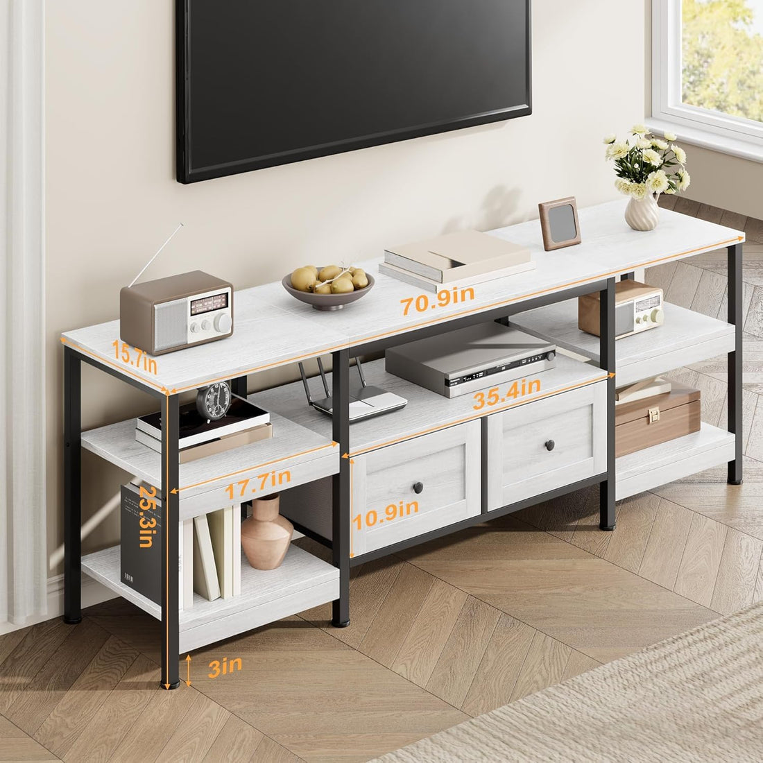 Garvee Meuble TV industriel 180 cm avec 2 tiroirs, structure en métal, bois MDF, design rustique, blanc, pour salon