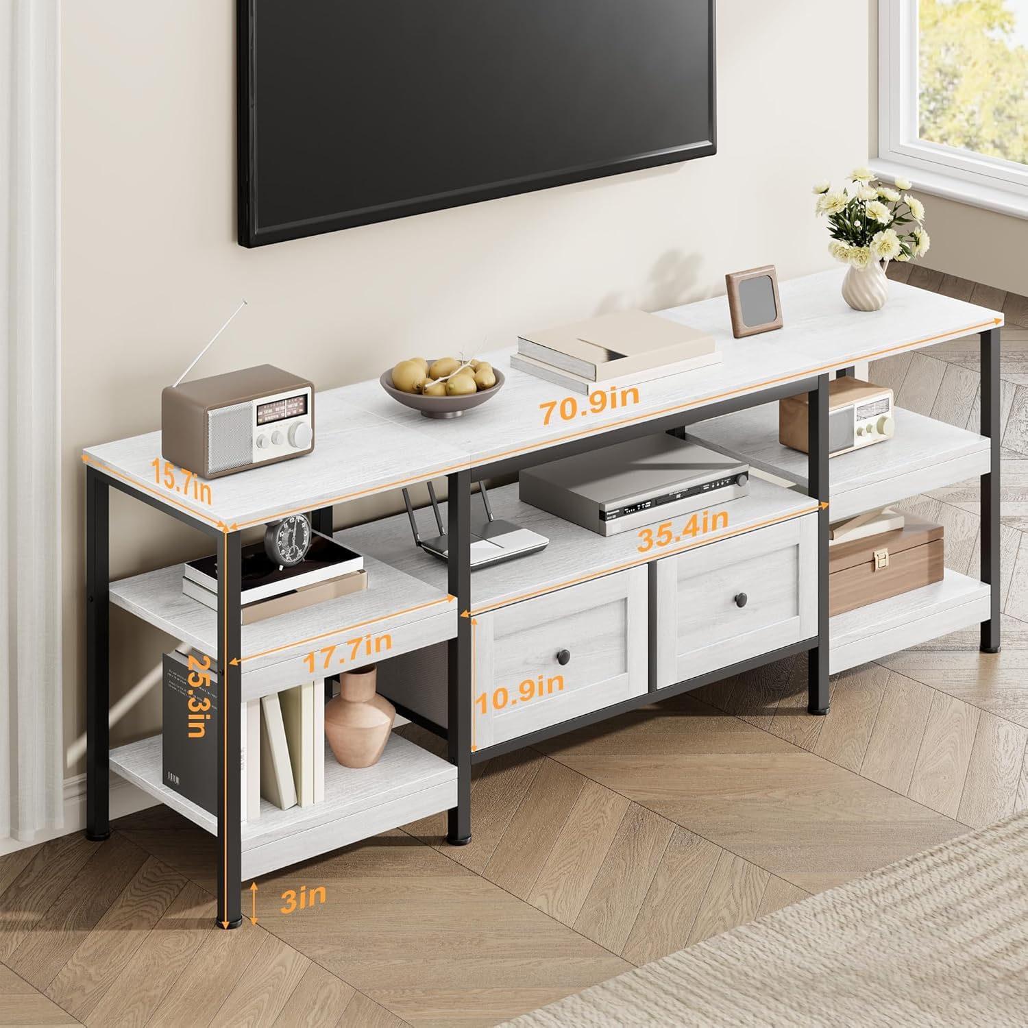 Meuble TV industriel Garvee 71 pouces avec 2 tiroirs, structure en métal, bois MDF, design rustique, blanc, pour salon