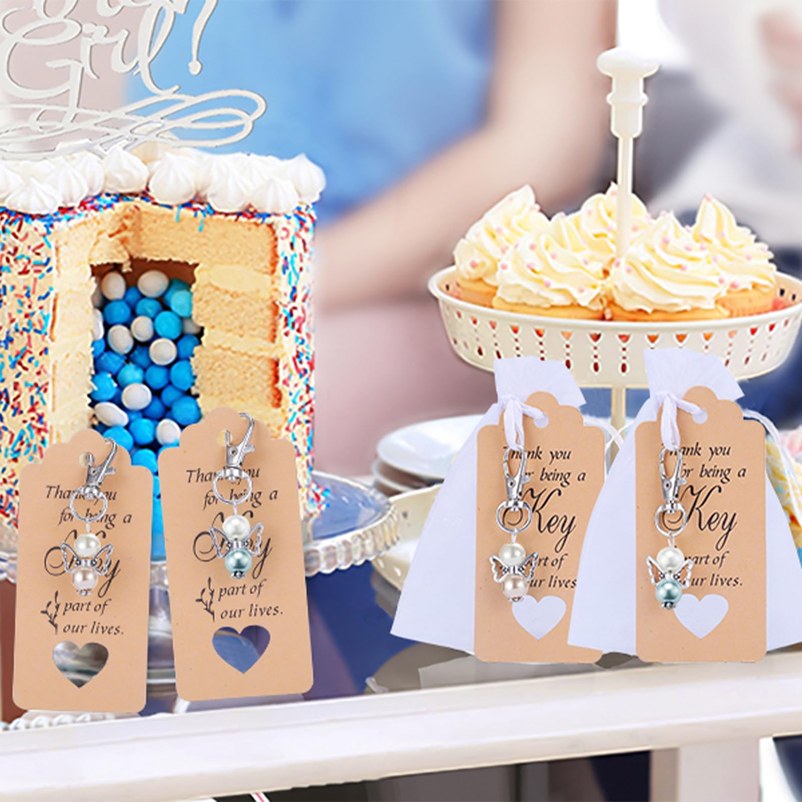 Garvee Lot de 20 porte-clés anges avec sachets en organza et cartes de remerciement, cadeau idéal pour baptême, naissance, mariage ou fête, argent.