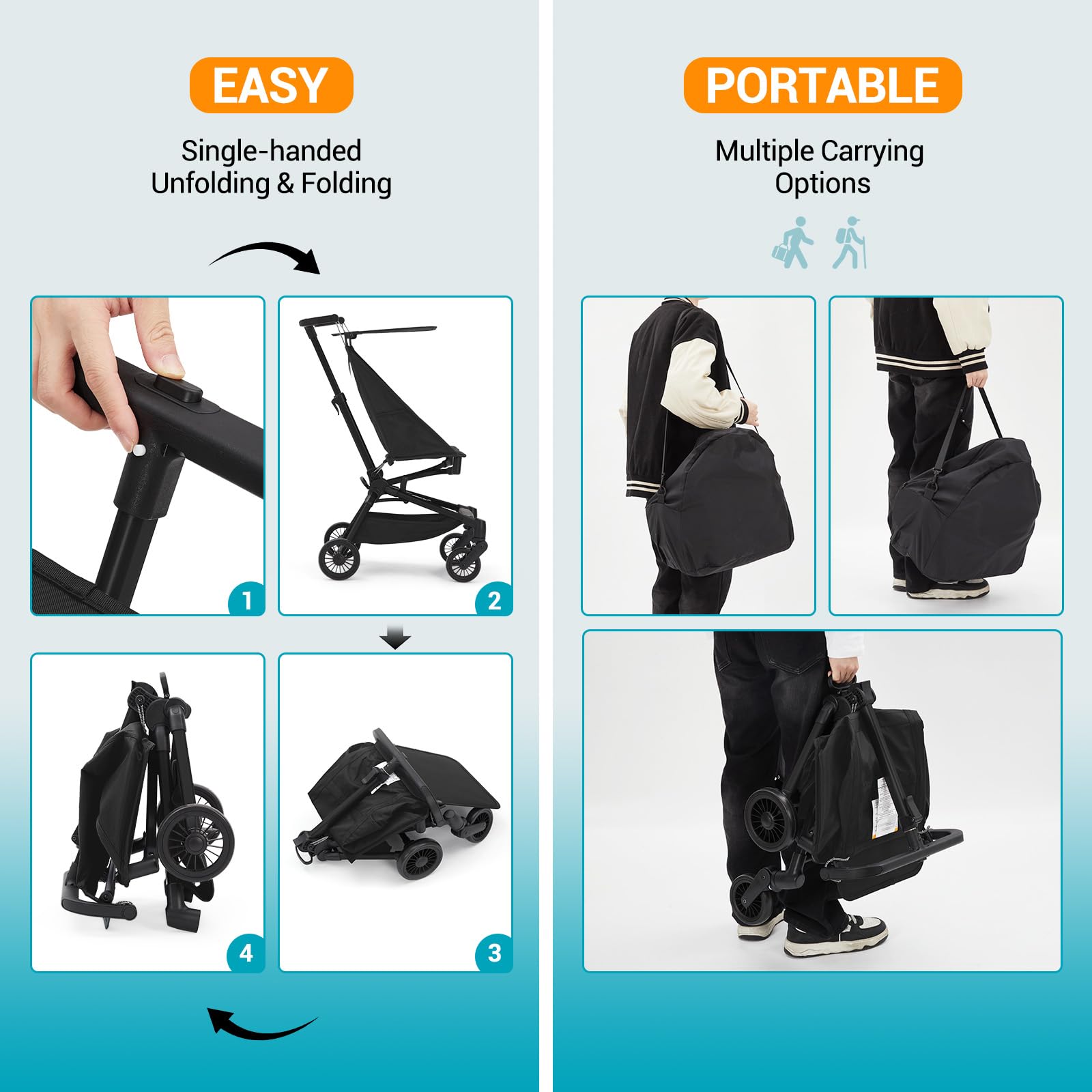 Poussette de voyage Garvee Baby – Légère, châssis en fibre de carbone, protection UV, pliable, 3,8 kg, idéale pour la ville et les voyages
