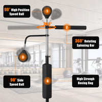 Sac de frappe autoportant Garvee 3-en-1 avec 2 balles de vitesse, rotation à 360°, hauteur réglable pour l'entraînement de kickboxing, matériau PU, noir