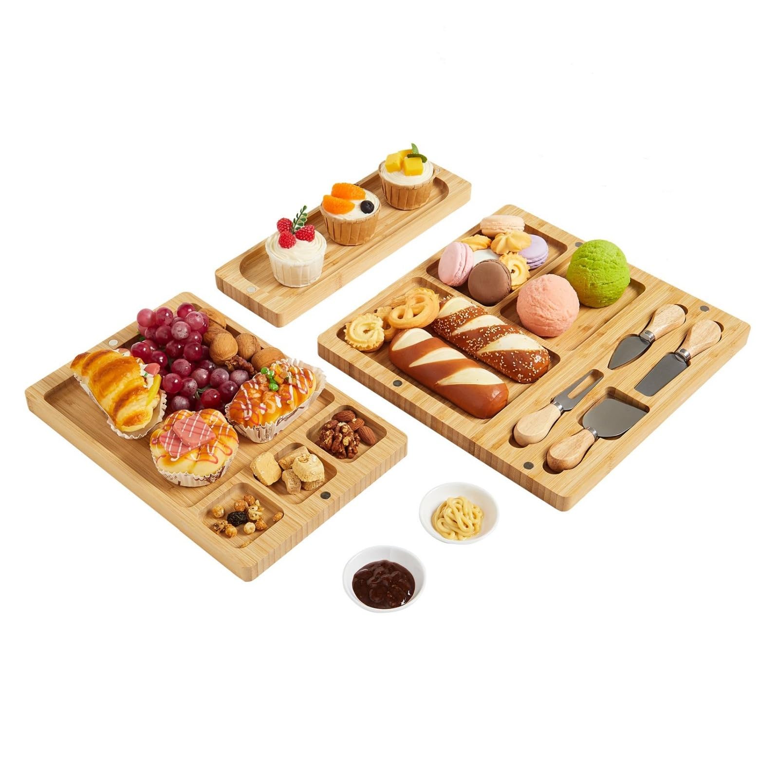 Planche à charcuterie 3 en 1 Garvee en bambou avec couteau, grande taille (64 x 32 cm), magnétique, lisse et résistante, idéale pour les fêtes et les cadeaux.