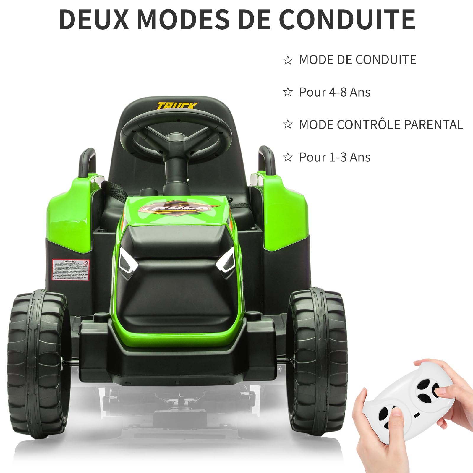 Tracteur Garvee 12V pour enfants avec double moteur, vert - Tracteur électrique robuste pour enfants de 3 à 8 ans