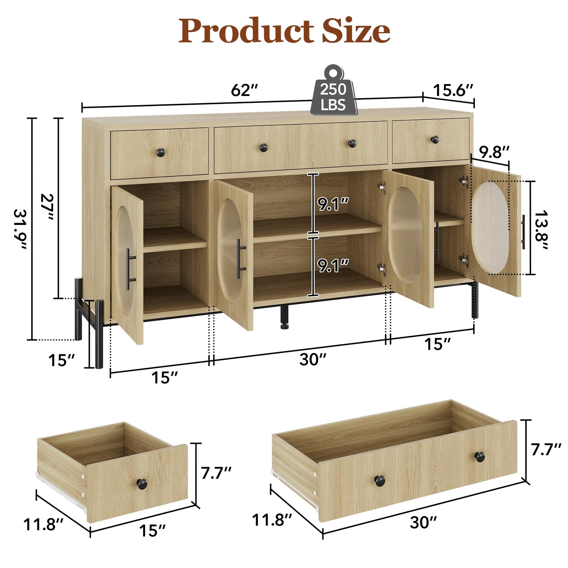 Buffet Garvee de 157 cm (62 pouces) avec 3 tiroirs et 4 portes vitrées, idéal pour la salle à manger et la cuisine. Bois robuste, tons naturels, étagères réglables et dispositif anti-basculement.