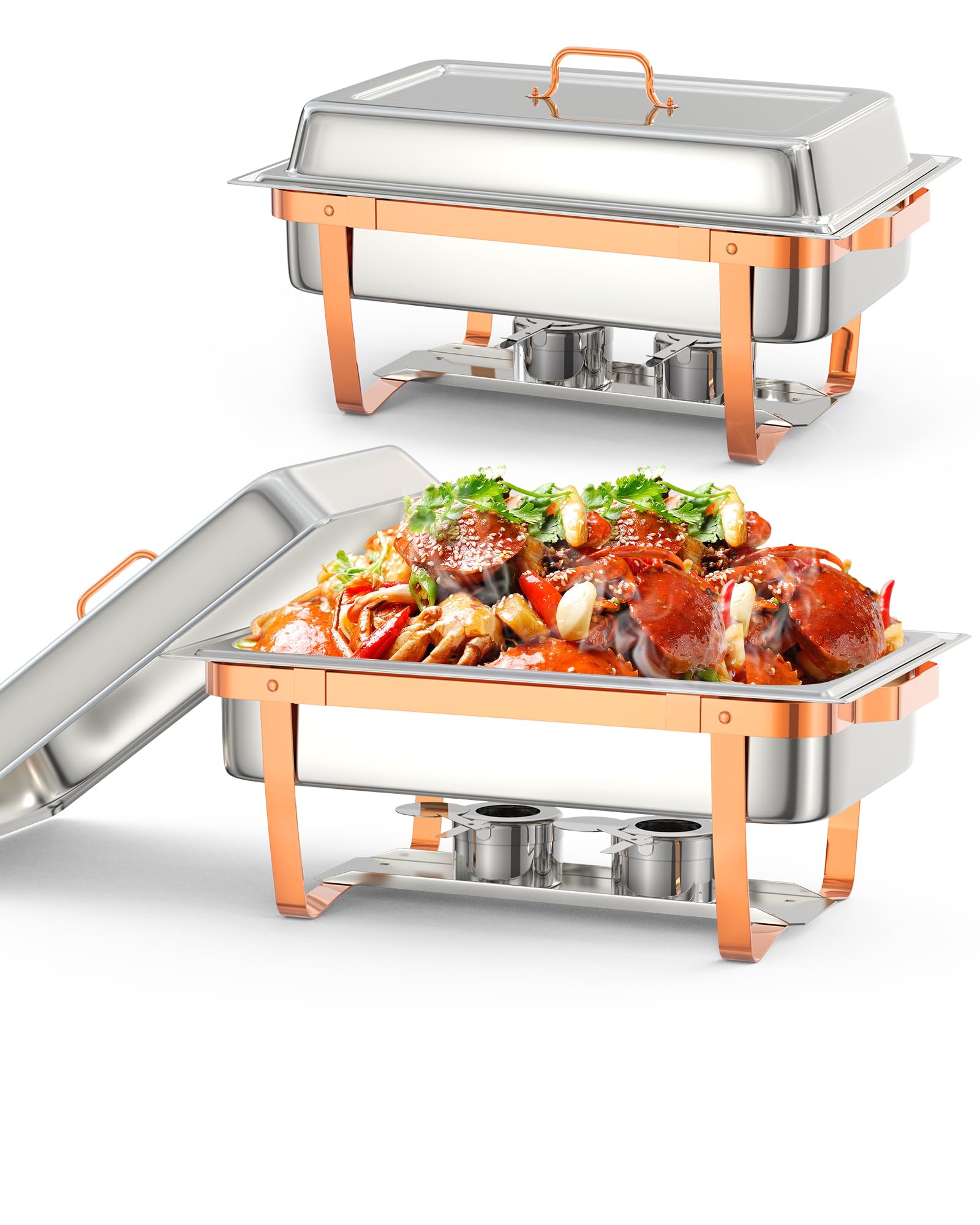 Garvee Lot de 2 plateaux chauffants pour buffet, 8 L, en acier inoxydable, avec couvercle et accessoires, couleur or rose, pour réceptions et banquets.