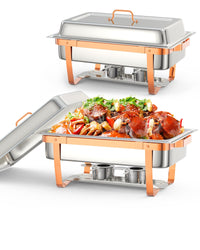 Garvee Lot de 2 plateaux chauffants pour buffet, 8 L, en acier inoxydable, avec couvercle et accessoires, couleur or rose, pour réceptions et banquets.