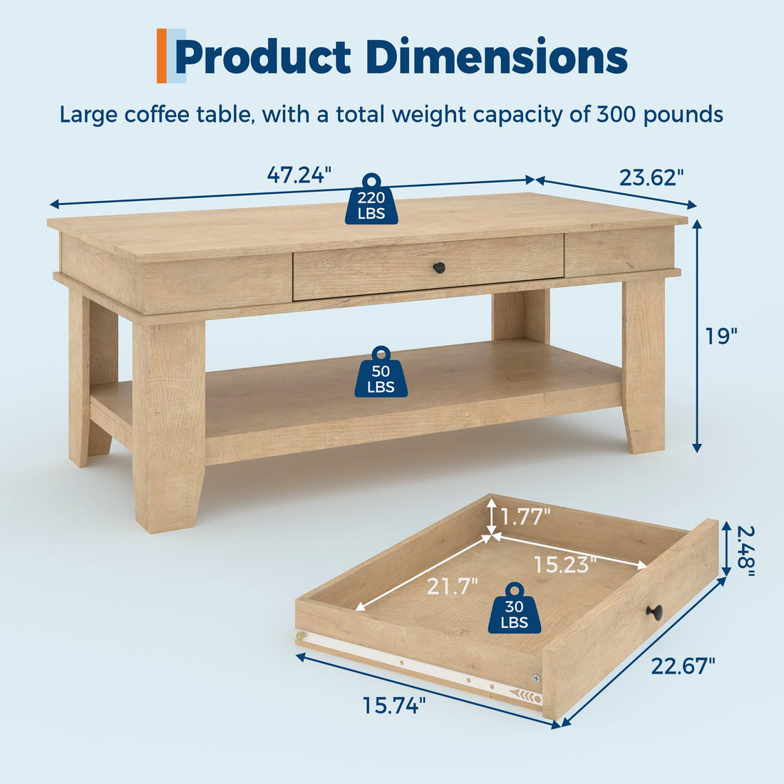 Garvee table basse grand format avec tiroir, pieds en L, bois, 120 cm de long, salon, étagère ouverte, rangement