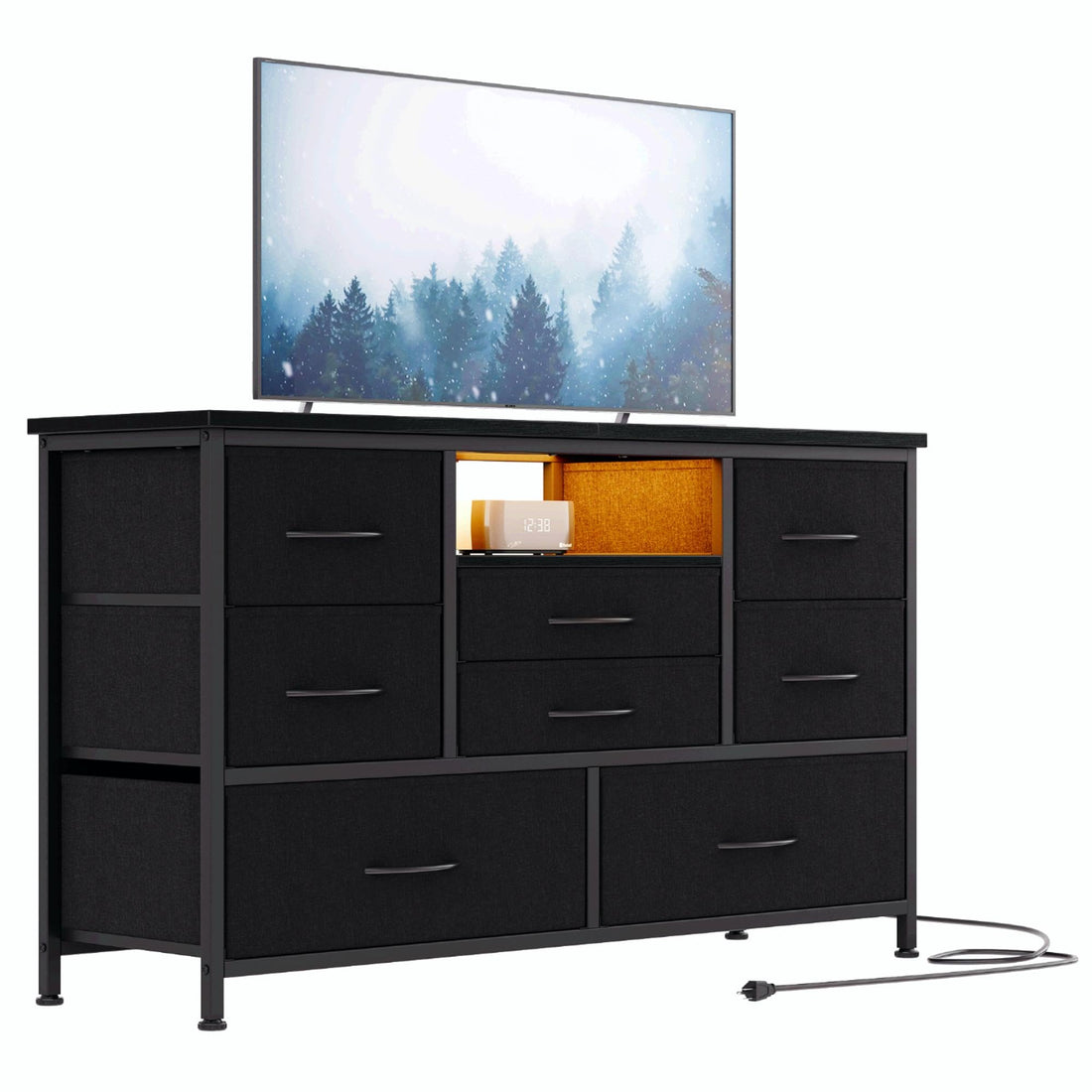 Meuble TV Garvee à 8 tiroirs avec éclairage LED et prise électrique pour salon et chambre, en MDF, grand format, léger, avec système de gestion des câbles