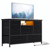 Garvee Meuble TV à 8 tiroirs avec éclairage LED et prise électrique pour salon et chambre, en MDF, grand format, léger, avec système de gestion des câbles - Noir