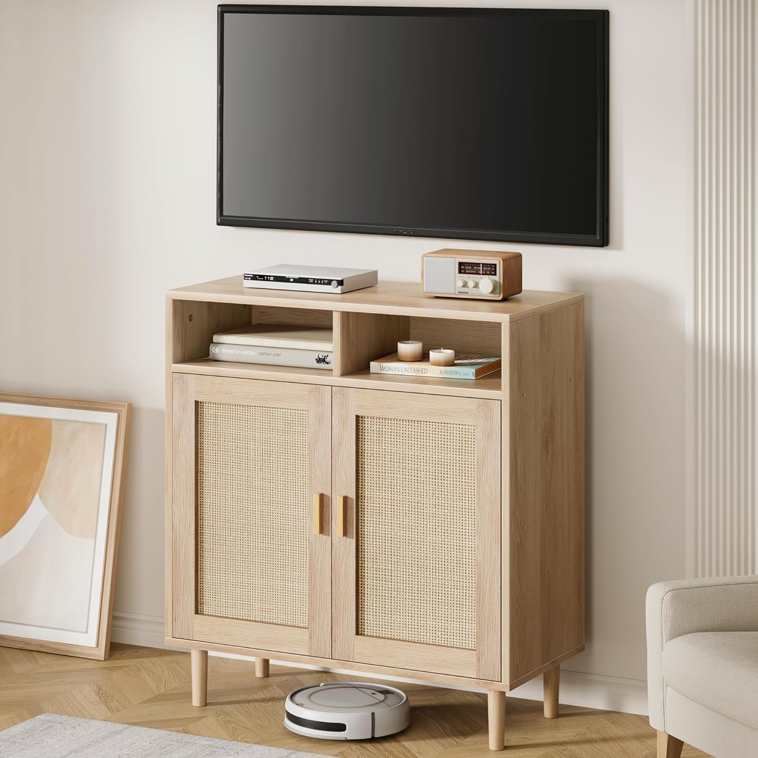 Buffet moderne en rotin Garvee 91 cm (36 po) - Tressé à la main, anti-basculement, étagère réglable, meuble de cuisine et de salle à manger, multifonctionnel, couleurs naturelles
