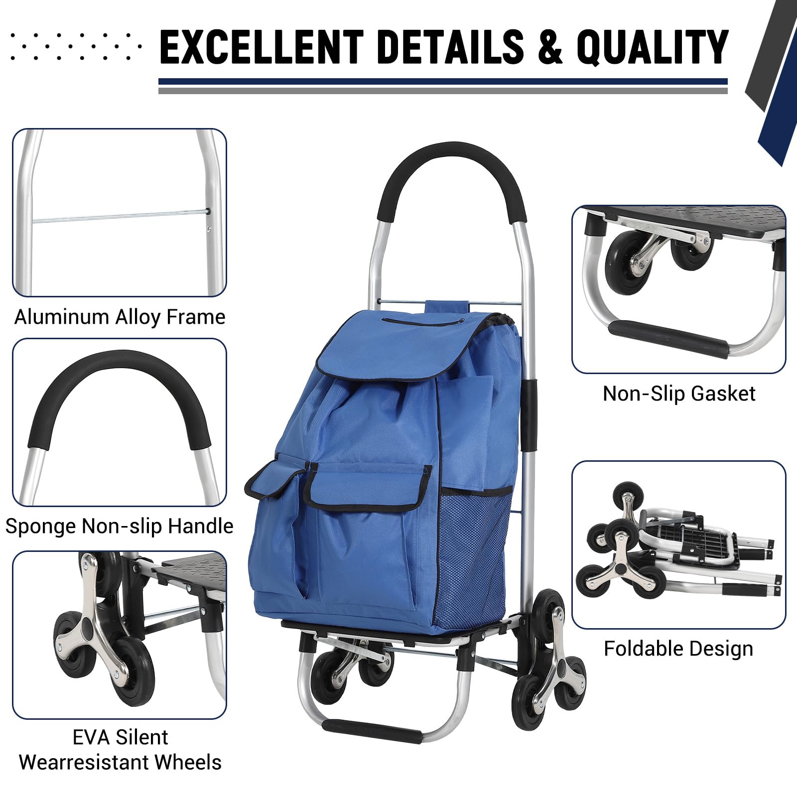 Chariot de courses pliable 3 en 1 Garvee avec monte-escalier à 6 roues, sac en tissu Oxford de 36 L, léger et ergonomique, idéal pour les courses et le jardin, capacité de charge de 80 kg, noir