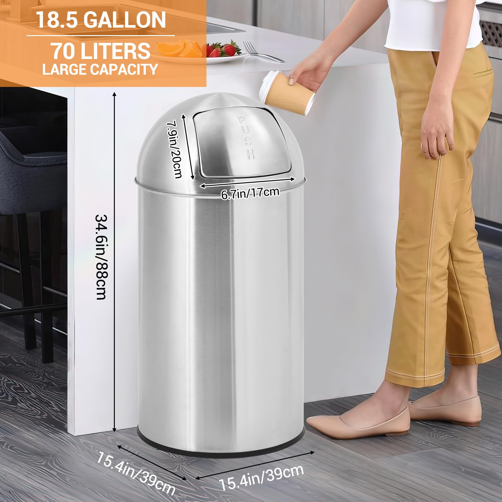 Poubelle Garvee 70 litres en acier inoxydable avec couvercle à pression pour usage commercial et extérieur, 39 x 39 x 88 cm, antirouille