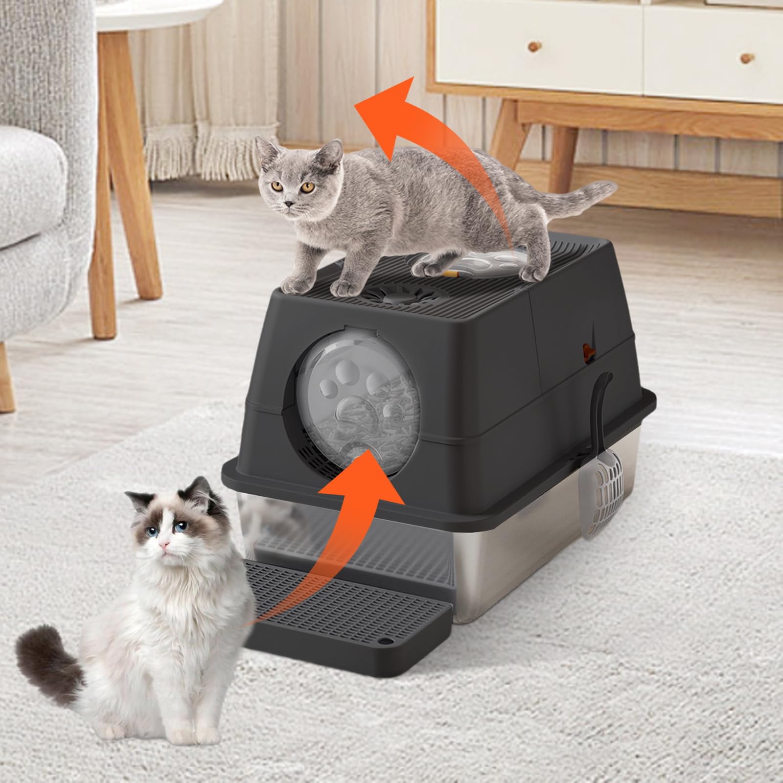 Bac à litière Garvee en acier inoxydable avec couvercle, grande ouverture sur le dessus, antidérapant, pour chats et chiens, 60 cm (L) x 40 cm (l) x 44 cm (H)