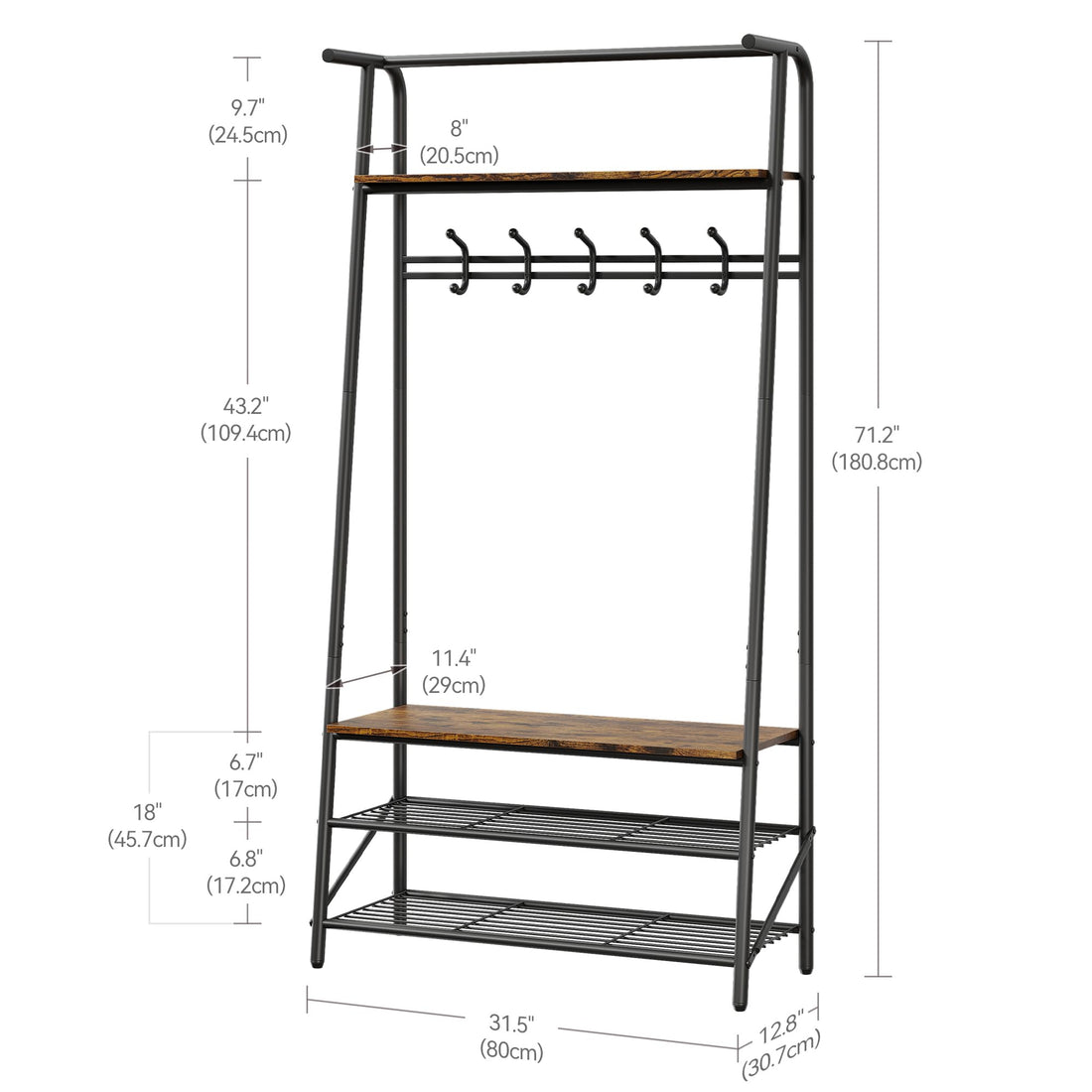 Garvee Porte-manteau et banc à chaussures 4 en 1 – Structure en métal aspect bois, 5 crochets et banc pour entrée et couloir