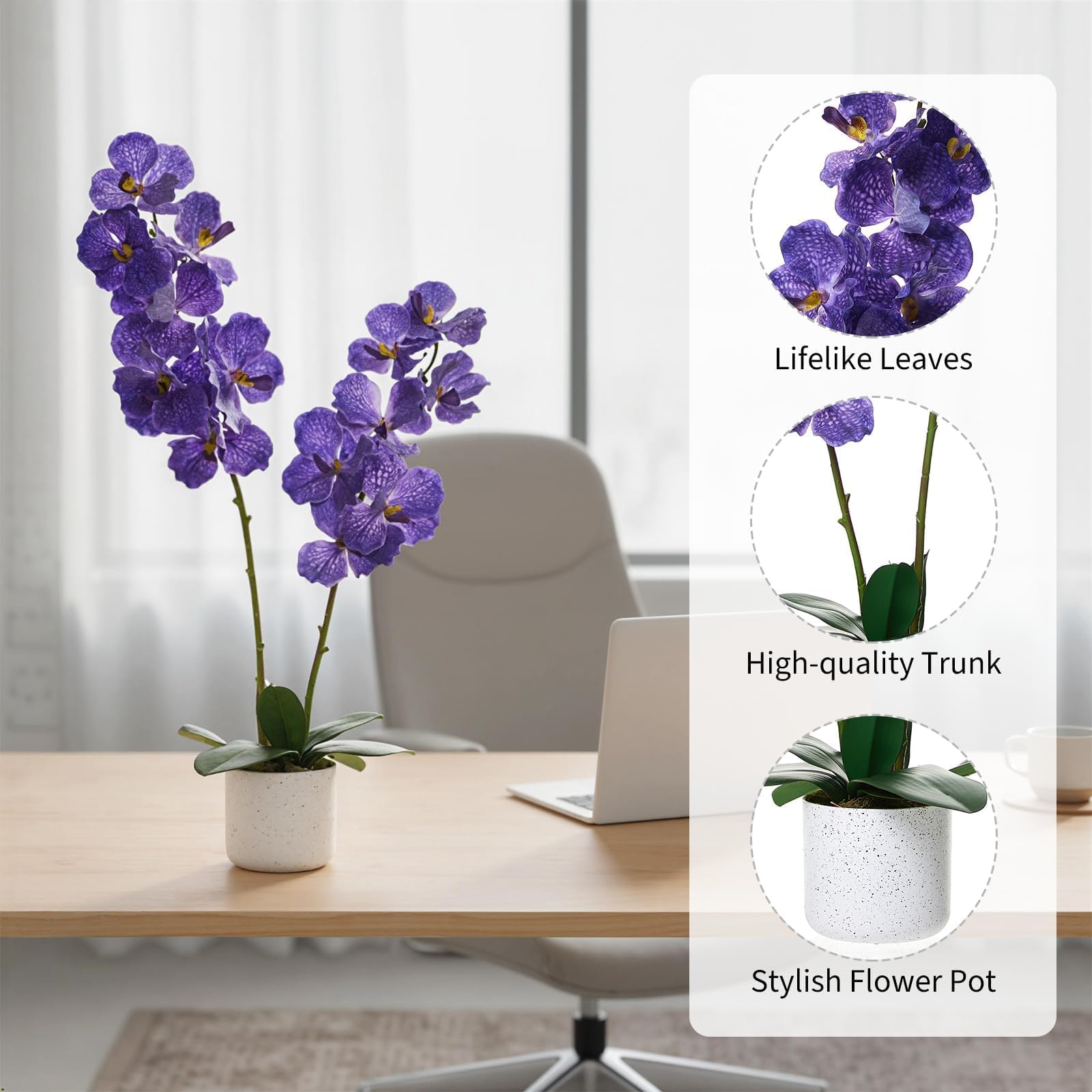 Orchidée Phalaenopsis artificielle Garvee de 79 cm (31 po) avec 14 fleurs, pot blanc, décoration pour salon et bureau, entretien facile, longue durée