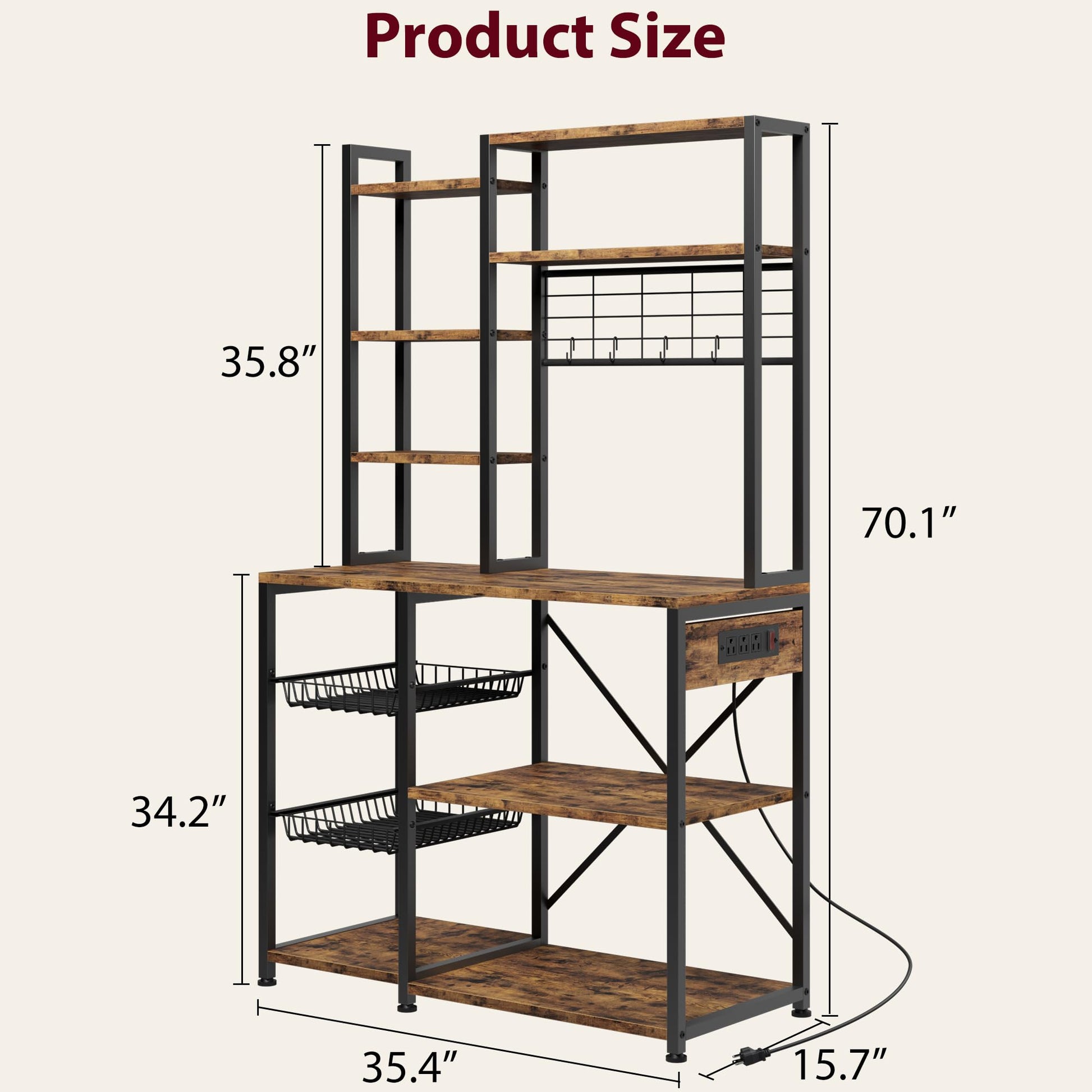 Garvee étagère de boulangerie avec prises électriques, support micro-ondes à 7 niveaux, structure en métal, étagères en bois, 90 × 40 × 178 cm, polyvalente et stable, rouge