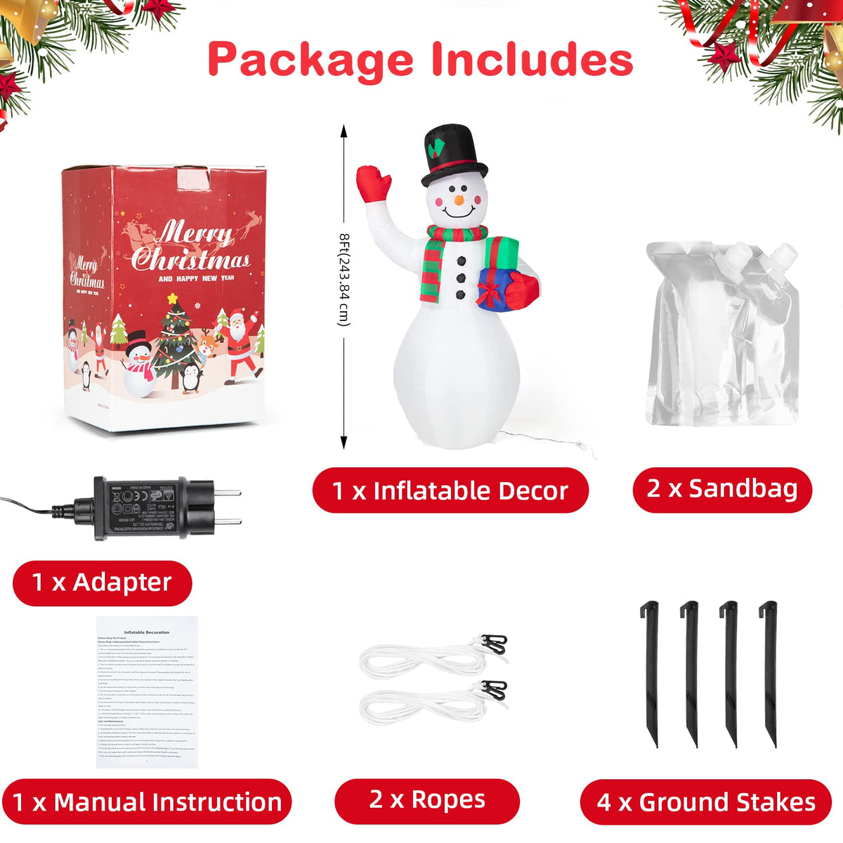 Garvee Bonhomme de neige gonflable 240 cm avec lumière LED rotative, étanche et coloré, décoration de Noël pour jardin