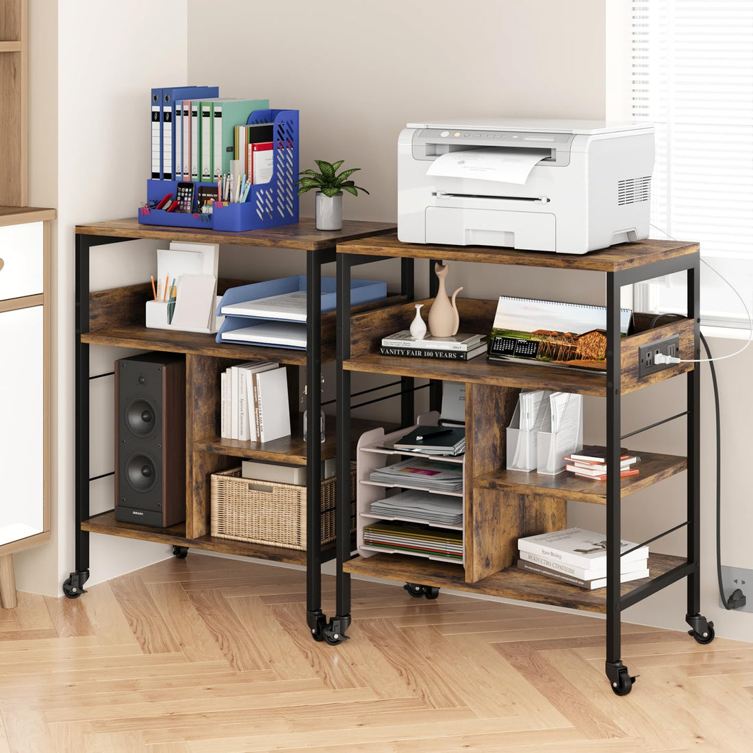 Garvee Grand meuble imprimante mobile à roulettes avec étagères, prises et ports USB, structure bois effet vintage, rangement pratique pour bureau à domicile