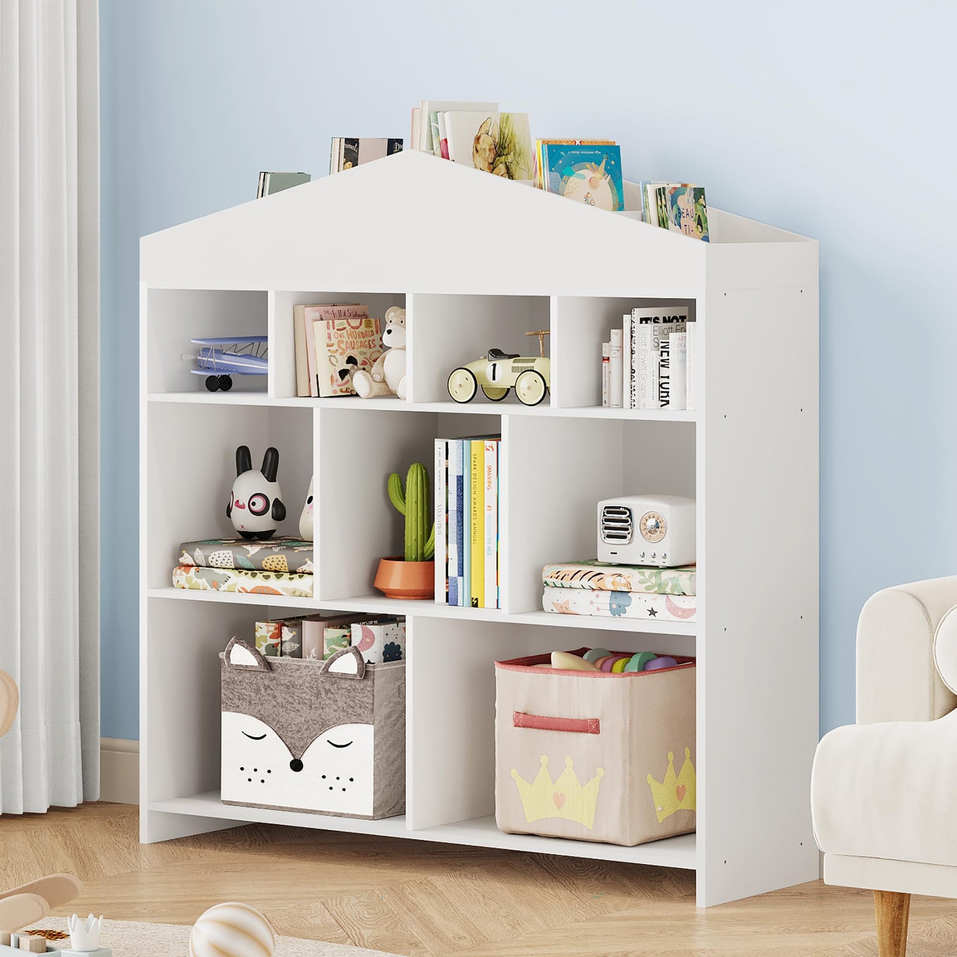 Étagère de rangement pour jouets Garvee, 9 compartiments, bibliothèque pour enfants, bois blanc, 103,5 cm, robuste, polyvalente, pour salle de jeux