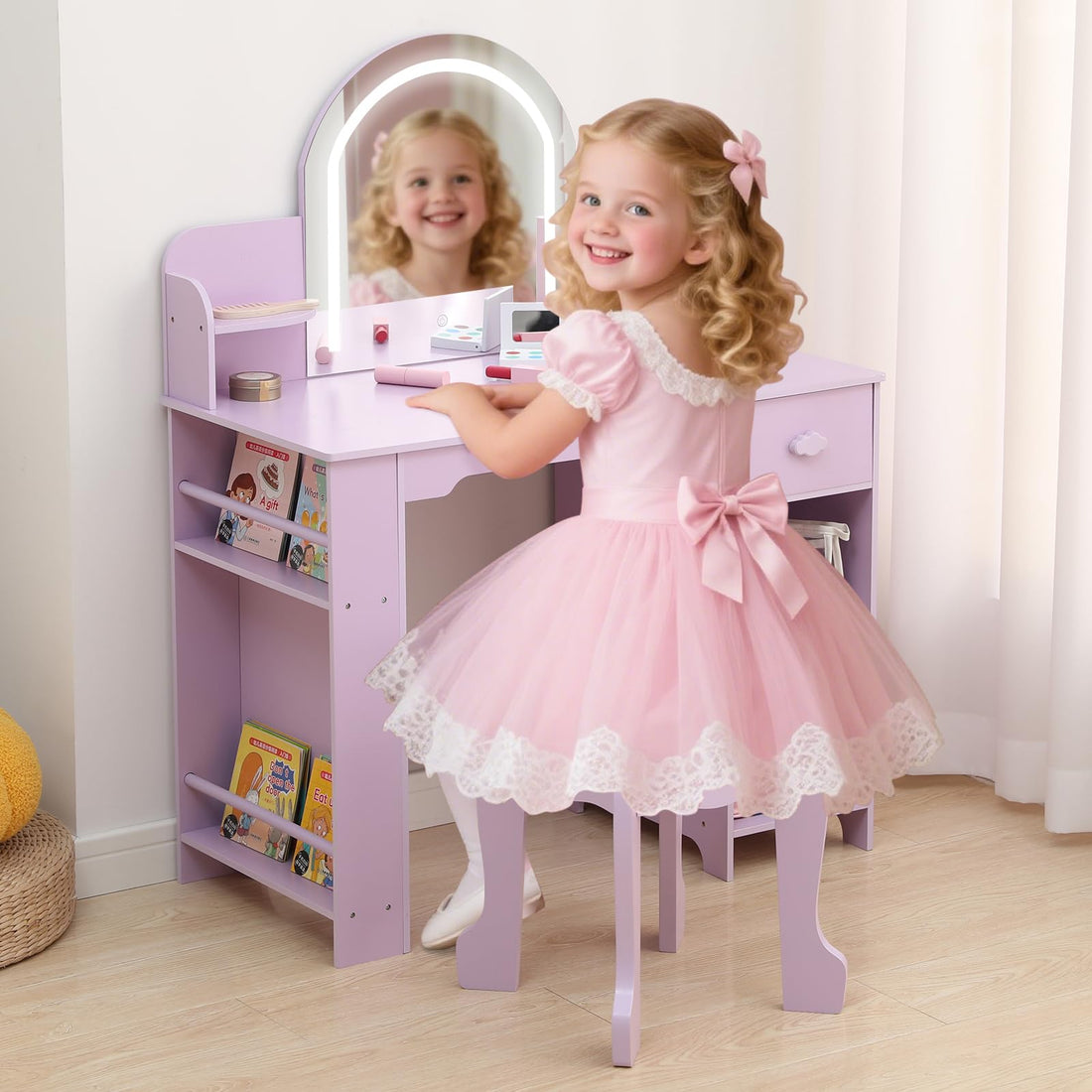 Coiffeuse Garvee pour enfants avec lumière LED et tabouret, réglable, MDF, violet, pour filles de 3 à 9 ans, salle de jeux