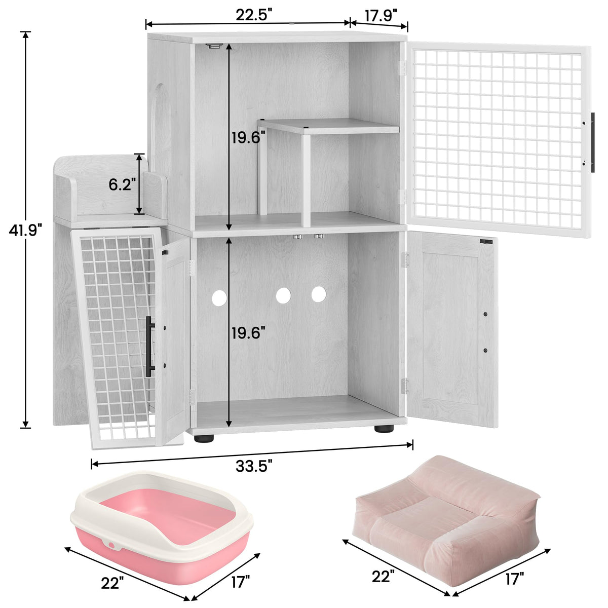 Bac à litière moderne Garvee avec plateforme, double couche, en MDF et fer, blanc, pour l'intérieur et le salon.