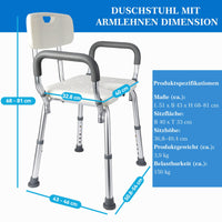 GARVEE Siège de douche en U avec dossier et accoudoirs réglables, aluminium et plastique antidérapant, léger et robuste, pour seniors et PMR, argenté