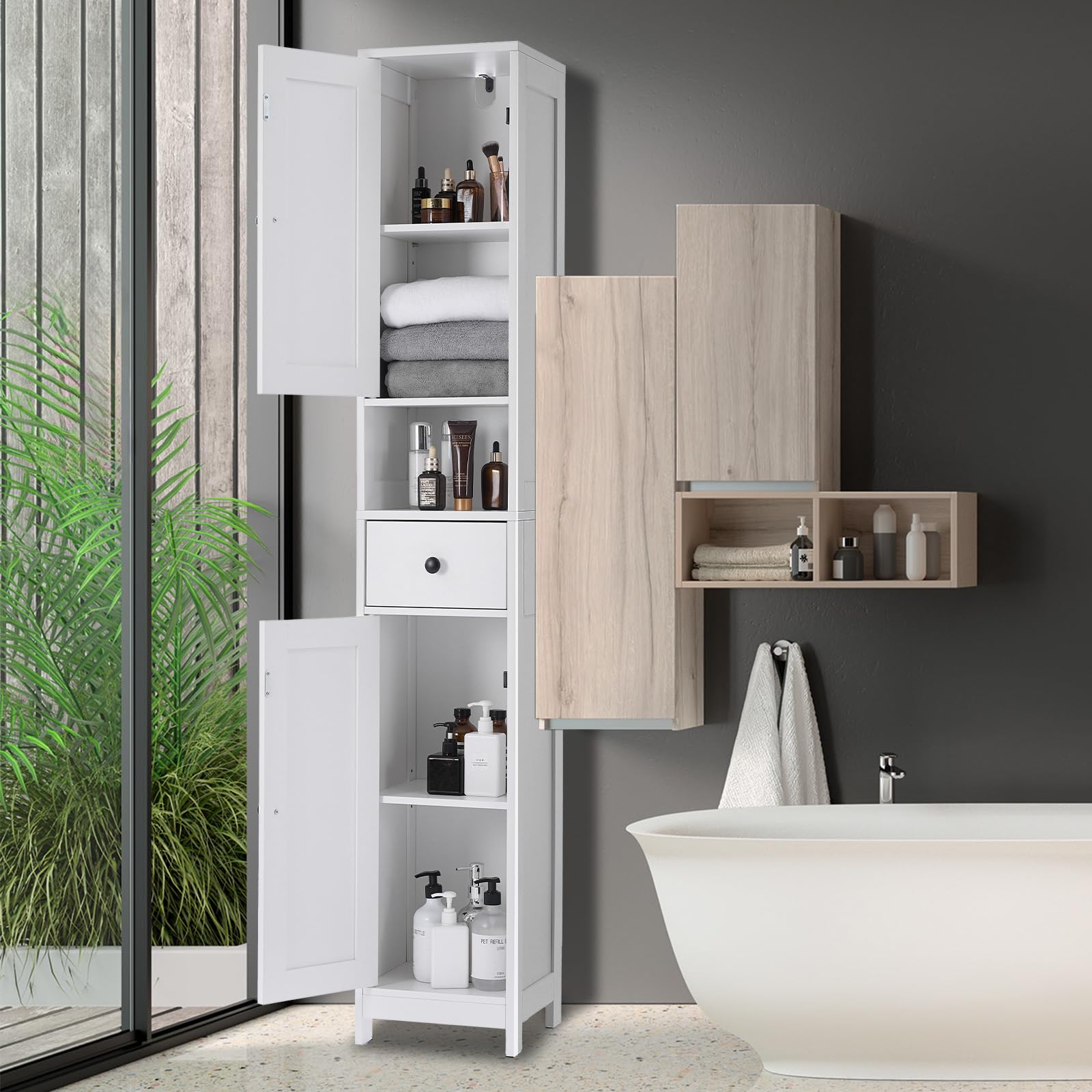 Armoire de salle de bain haute Garvee avec 2 étagères réglables, autoportante, en MDF durable, design blanc moderne, gain de place pour salle de bain et cuisine