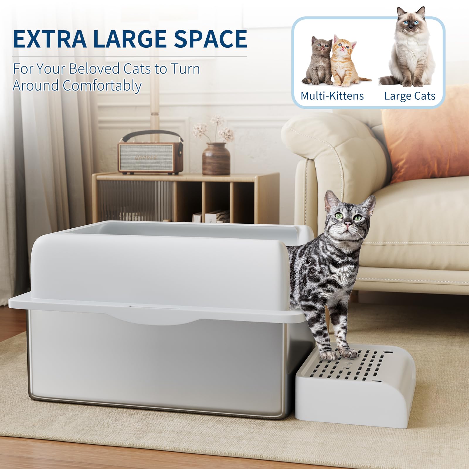 Garvee Bac à litière XL en acier inoxydable pour grands chats, caisse fermée avec couvercle, bords hauts anti-fuite, nettoyage facile, anti-odeurs, avec pelle et marchepied