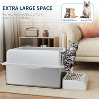Garvee Bac à litière XL en acier inoxydable pour grands chats, caisse fermée avec couvercle, bords hauts anti-fuite, nettoyage facile, anti-odeurs, avec pelle et marchepied
