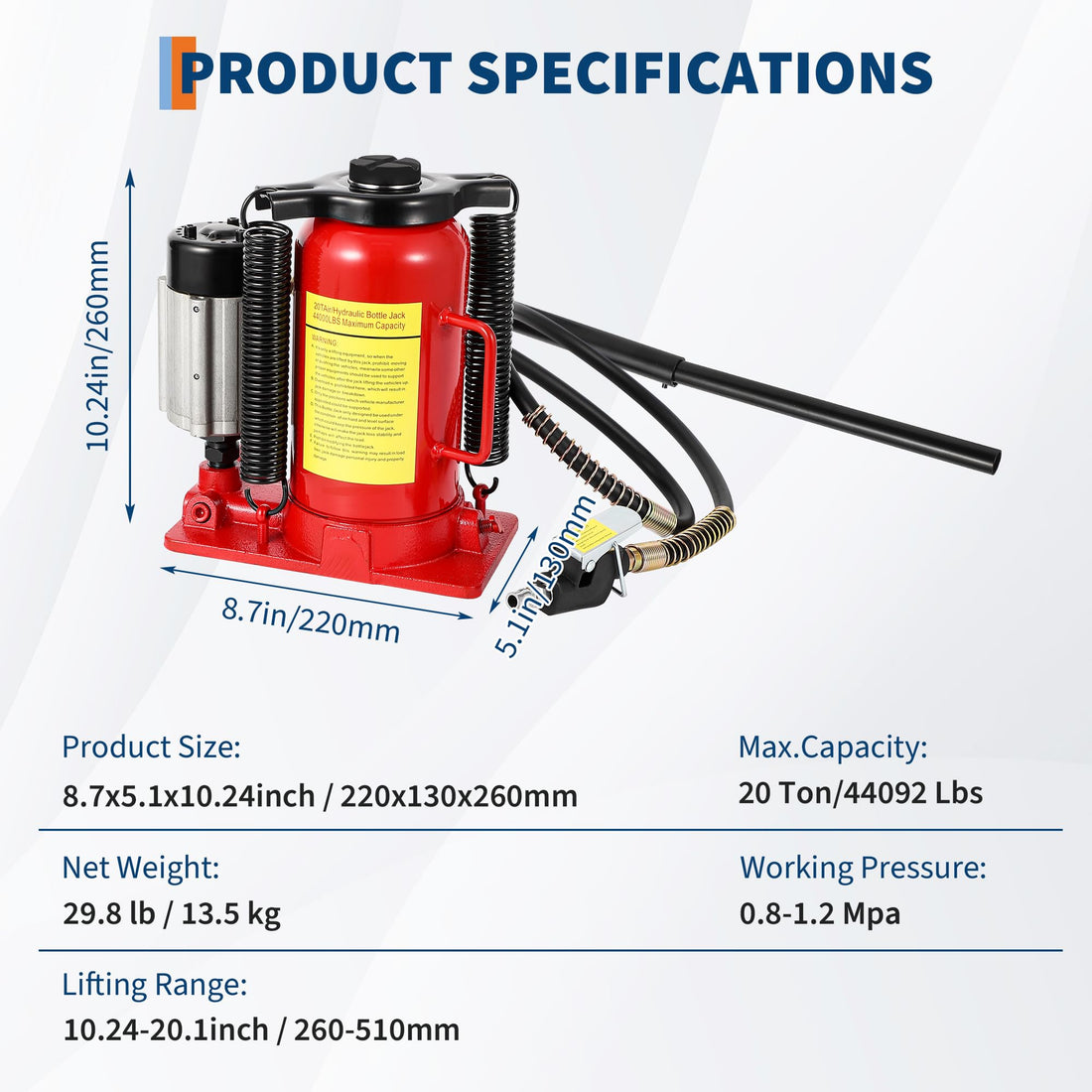 Garvee cric bouteille hydraulique pneumatique 20 T en fonte, rouge, pour voitures et camions