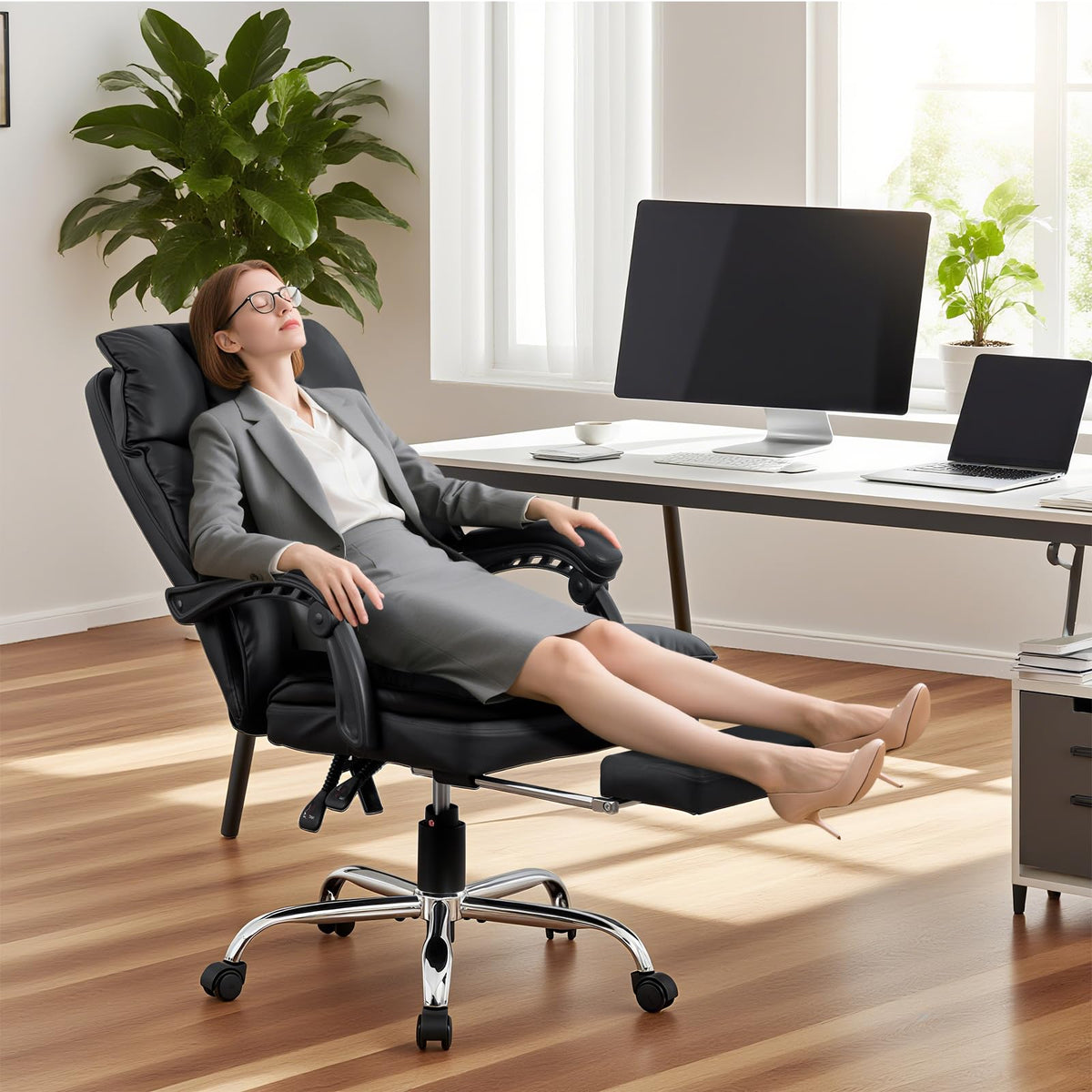 Chaise de bureau Garvee en cuir PU, ergonomique et réglable, avec repose-pieds, structure en métal et pivotement à 360°, idéale pour la maison, le bureau et les jeux vidéo (noir).
