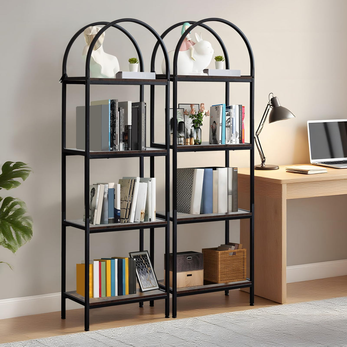 Garvee étagère à 4 niveaux en métal, style arqué, design moderne, aspect bois, idéale pour le salon et le bureau, résistante aux rayures et stable