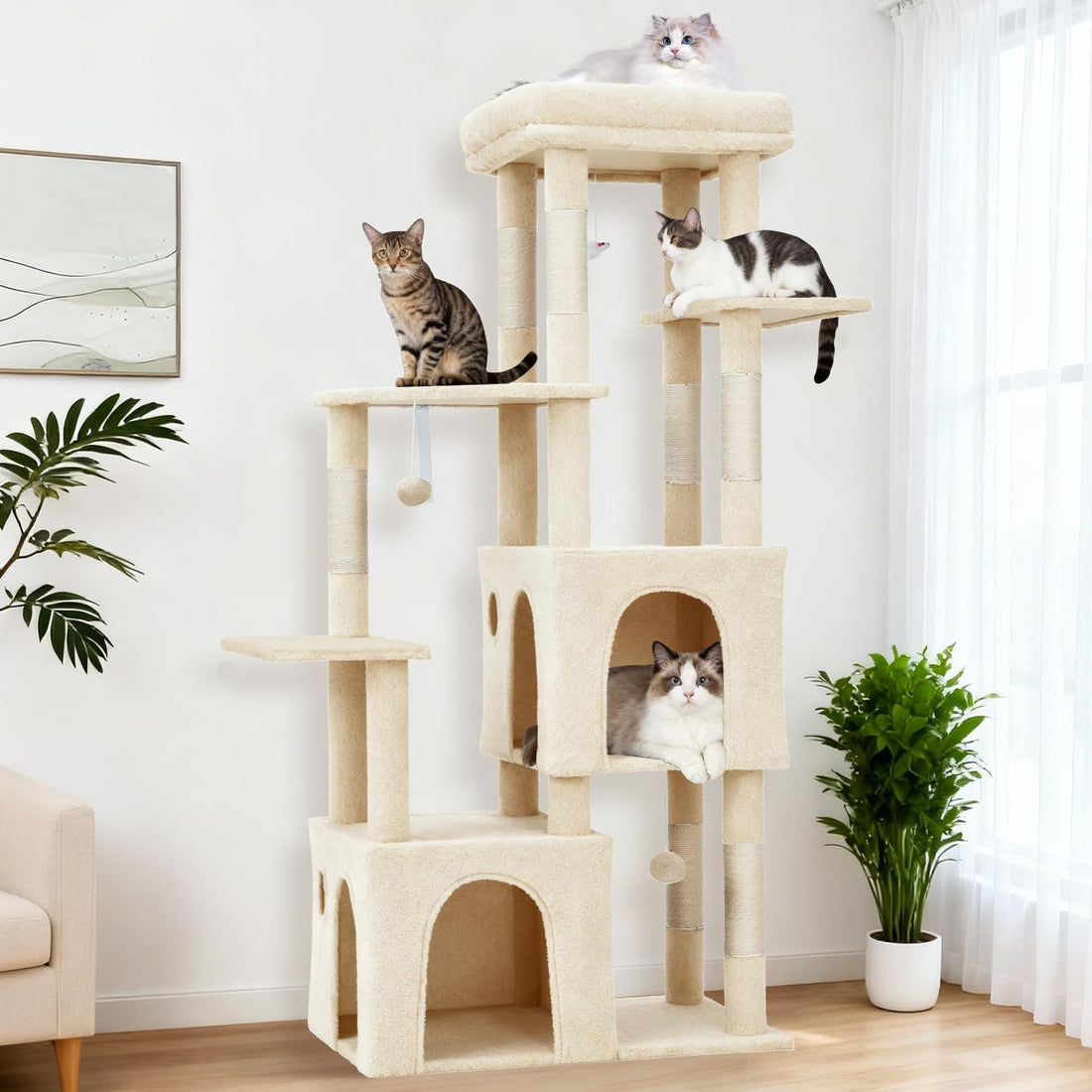 Garvee Tour pour Chat 155 cm Multi-Niveaux pour Grands Chats, Grande Plateforme Beige, Usage Intérieur