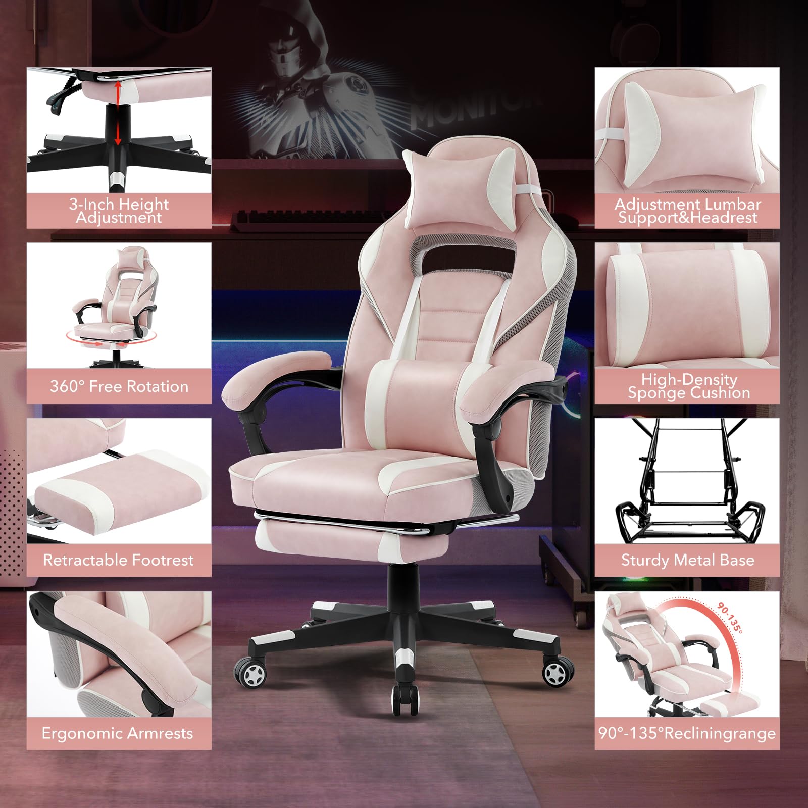 Garvee Chaise gaming ergonomique rose avec repose-pieds, appui-tête et soutien lombaire, pivotante 360°, hauteur réglable, capacité 136 kg, adulte et ado