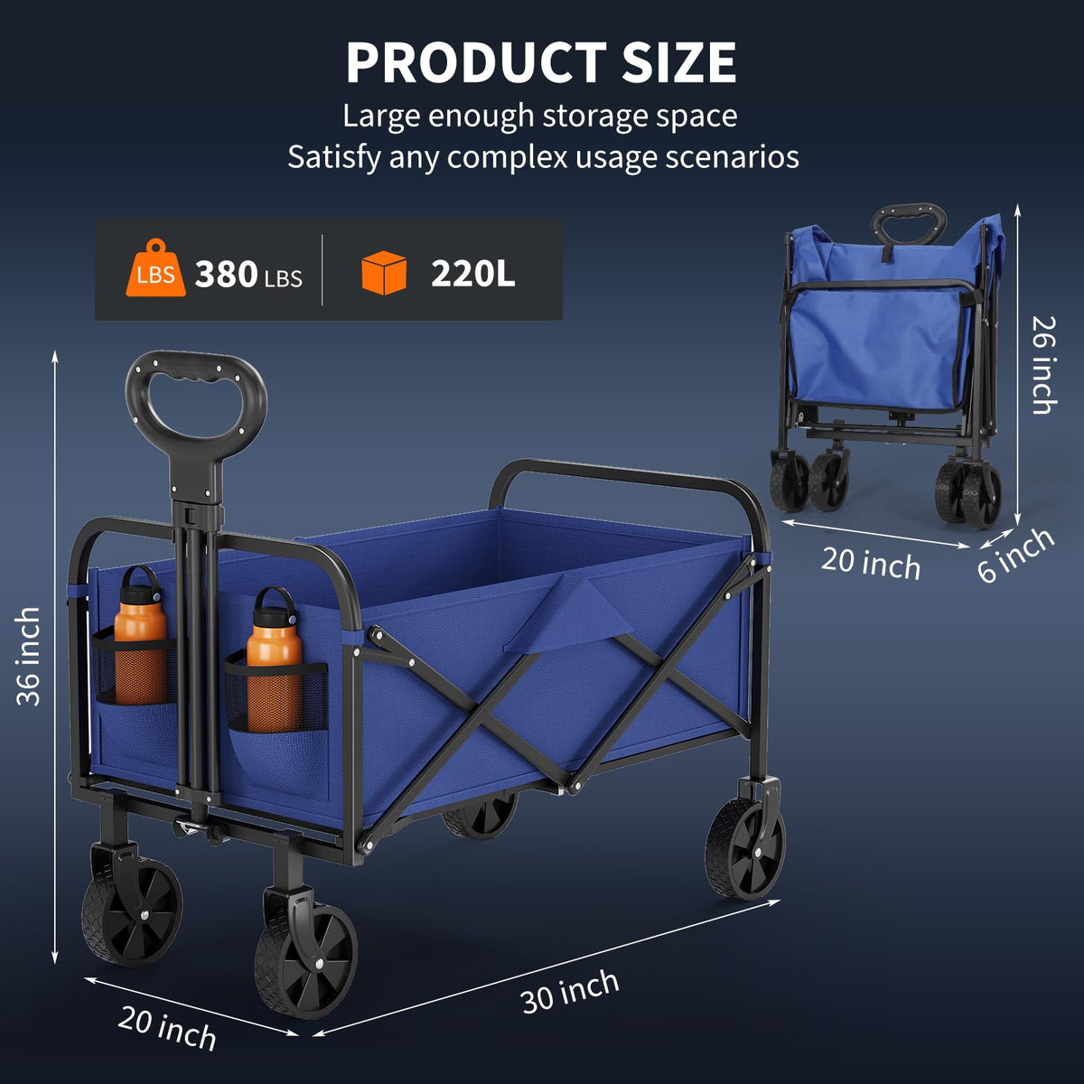 Garvee Chariot utilitaire pliable avec roues tout-terrain, poignée réglable, tissu Oxford 600D, capacité de charge de 172 kg, porte-gobelet, noir/bleu