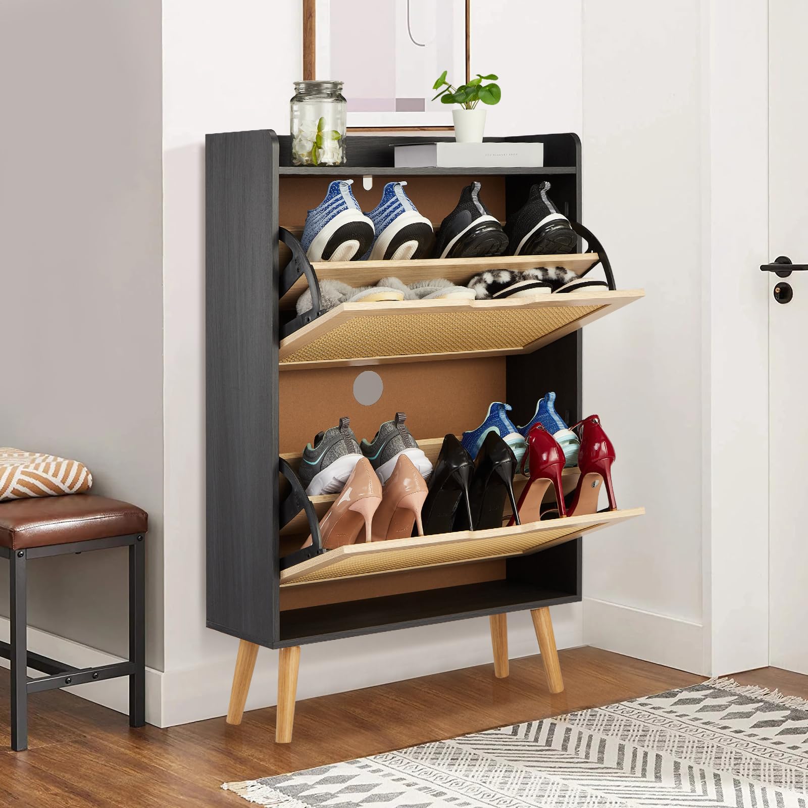 Meuble à chaussures Garvee pour entrée avec organiseur en rotin, tiroir rabattable, aéré, compact, 98,2 x 60 x 23,5 cm, MDF, couleur naturelle